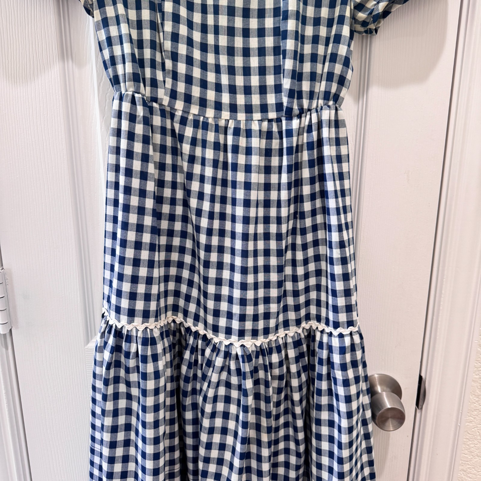 Vintage Handmade Blue White Gingham Prairie Maxi Dress Puff Sleeve XS 70s Style