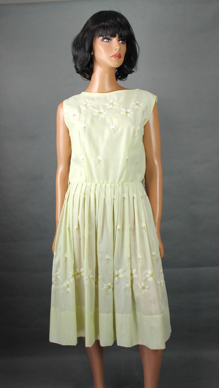 50s Cocktail Dress 16 L Vintage Light Yellow Semi Sheer Embroidered Party Gown