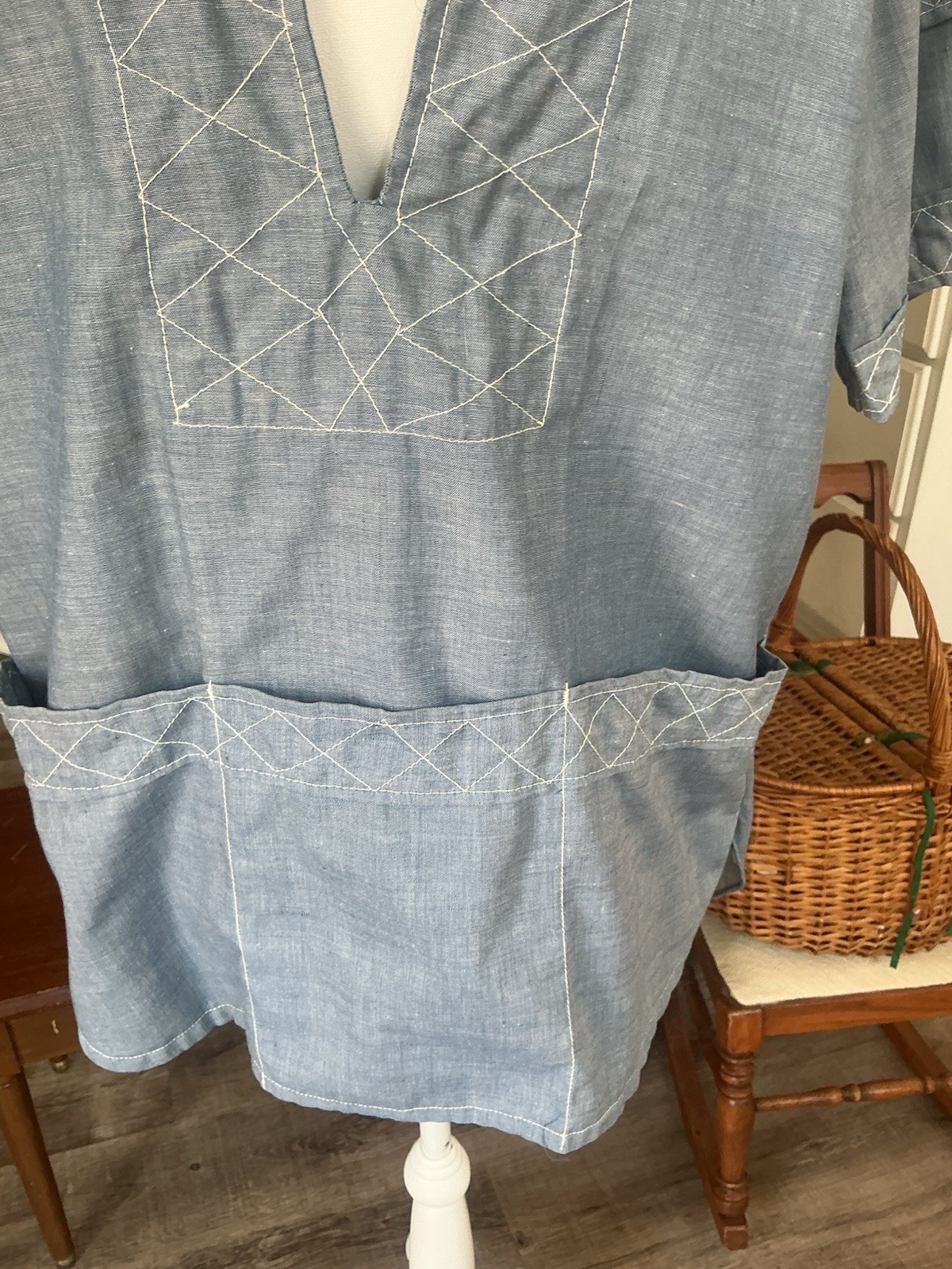 VTG 70s Haitian Chambray Embroidered Skipper Shirt Tunic Boho Cabana Medium M