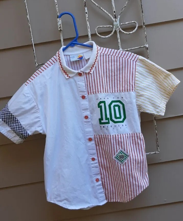 Vtg 70’s Womens Shirt Hang Ten Sport White w/ Block Stripe & Checkerboard Med