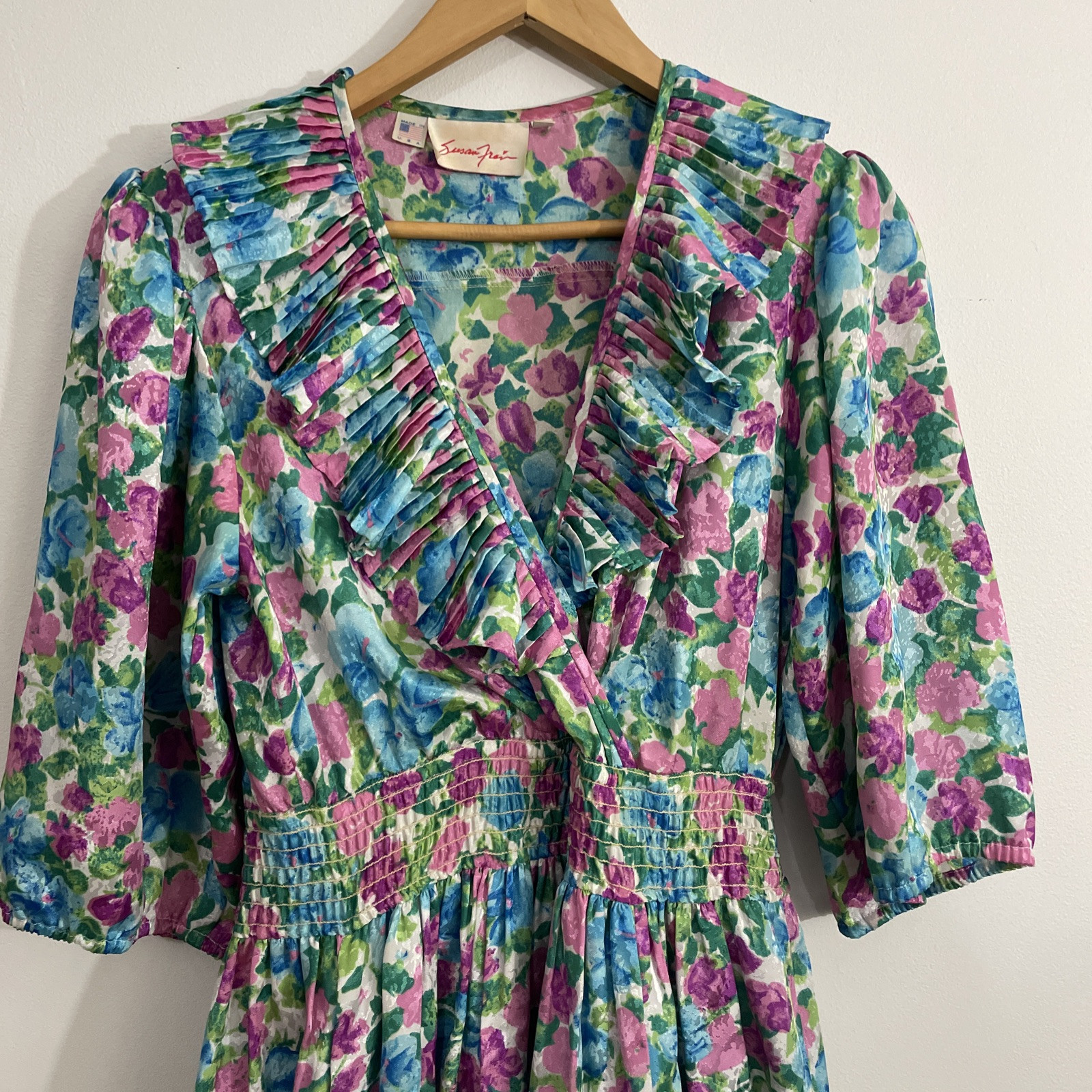 Vintage Susan Freis Floral Ruffled Midi Dress XS Smocked Waist 3/4 Sleeve AOP