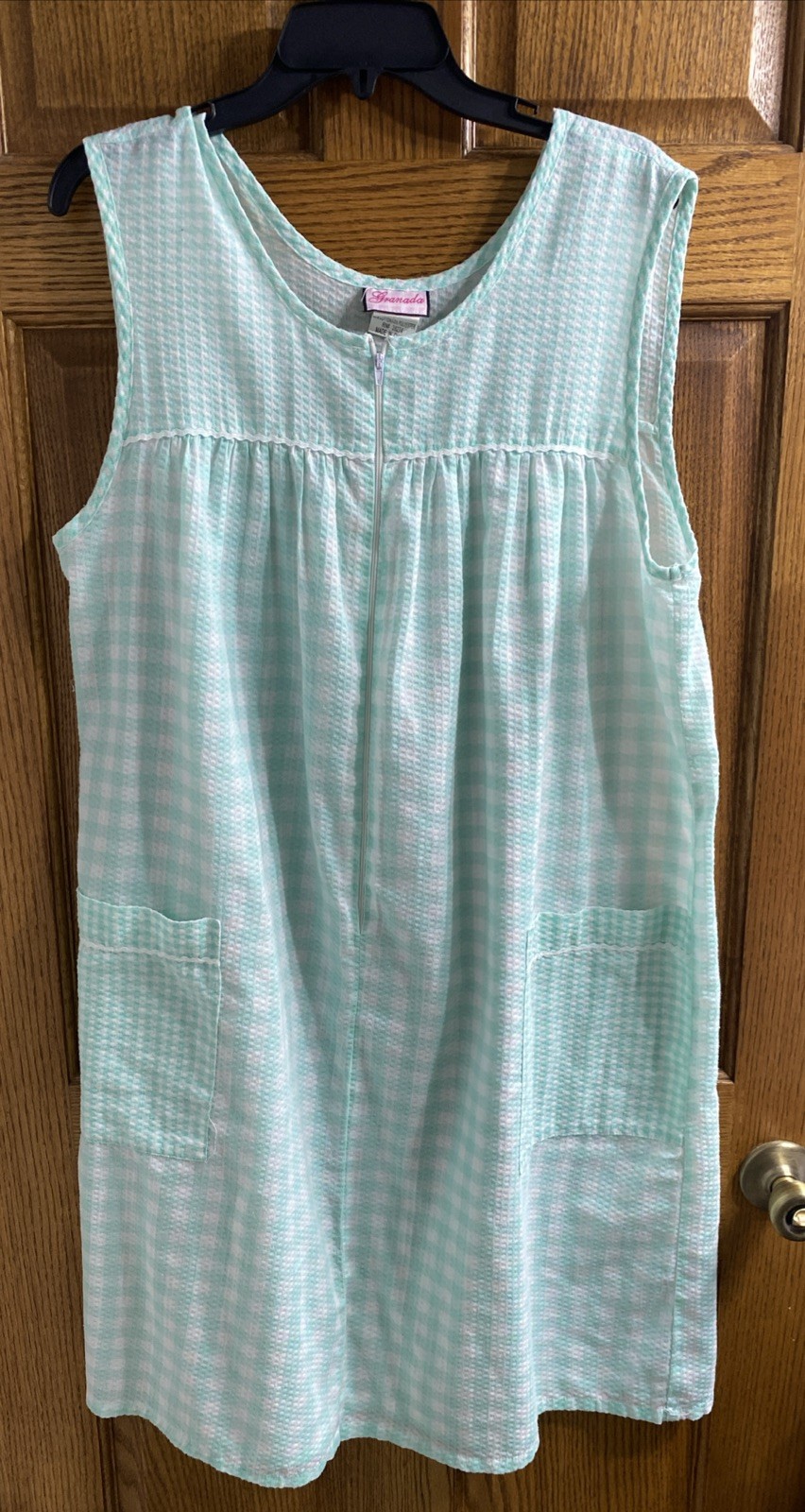 2 Vtg 80s Granada USA Checked Gingham Ric-Rack Trimmed Housedress Pockets Zip