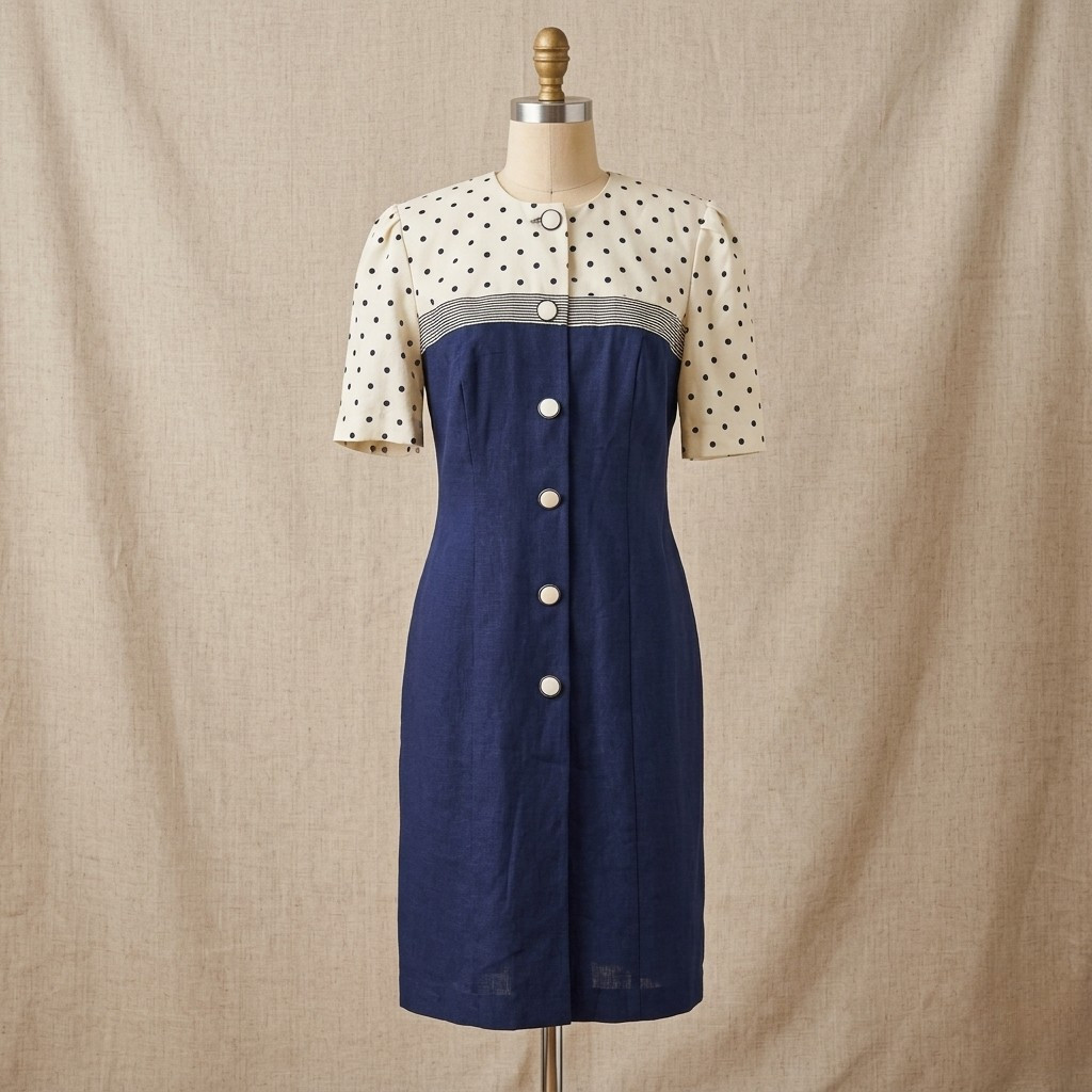 Vintage 1990s Damon Petite Navy and White Polka Dot Dress | Women’s 10