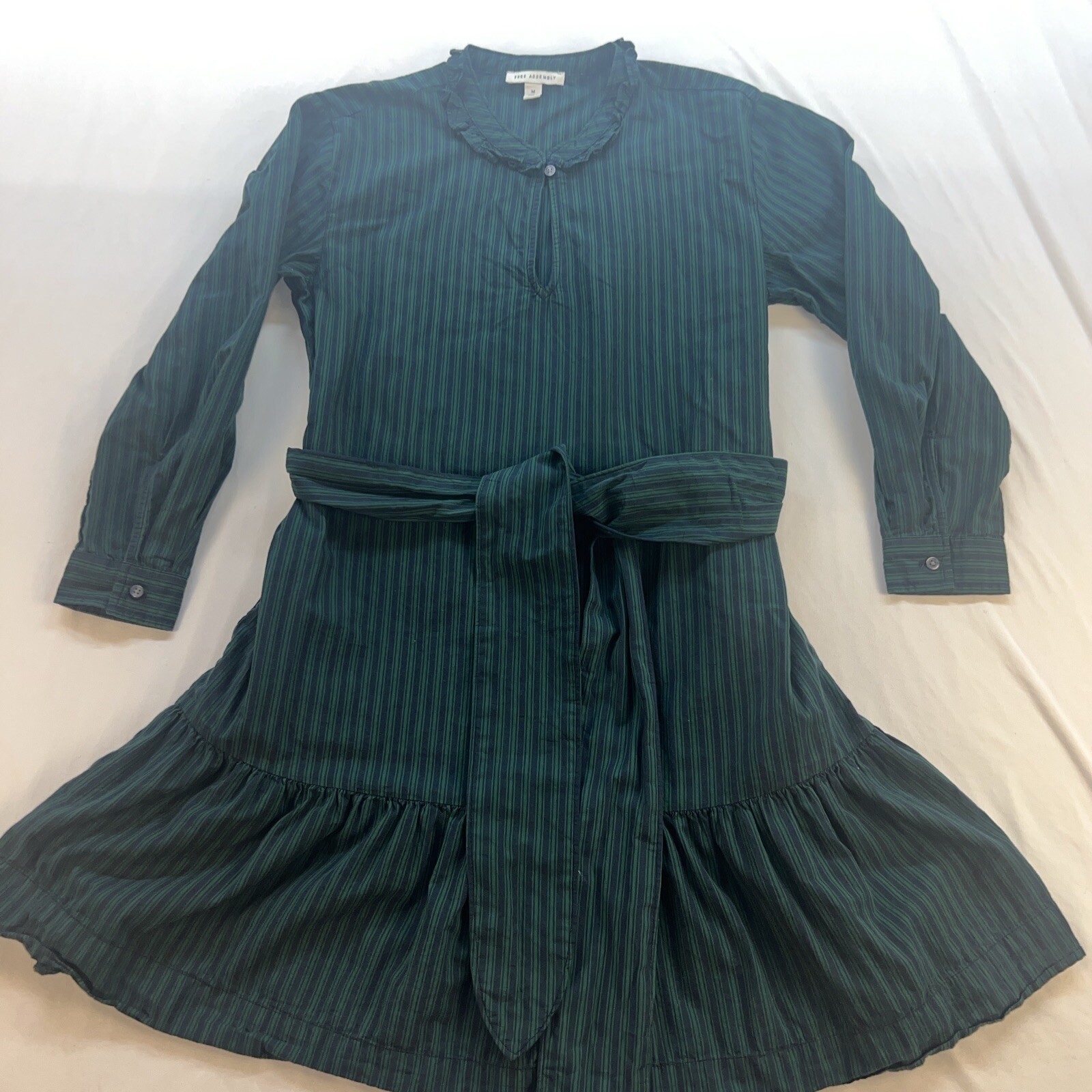 Vintage Free Assembly Blue Green Stripes Shirt Dress Long Sleeve Size Medium Tie