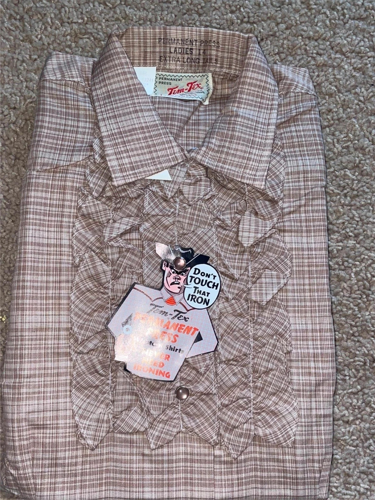 VTG 70s WOMENS XS PLAID STRIPE BROWN YELLOW BLUE TEM TEX WESTERN COWBOY SHIRT