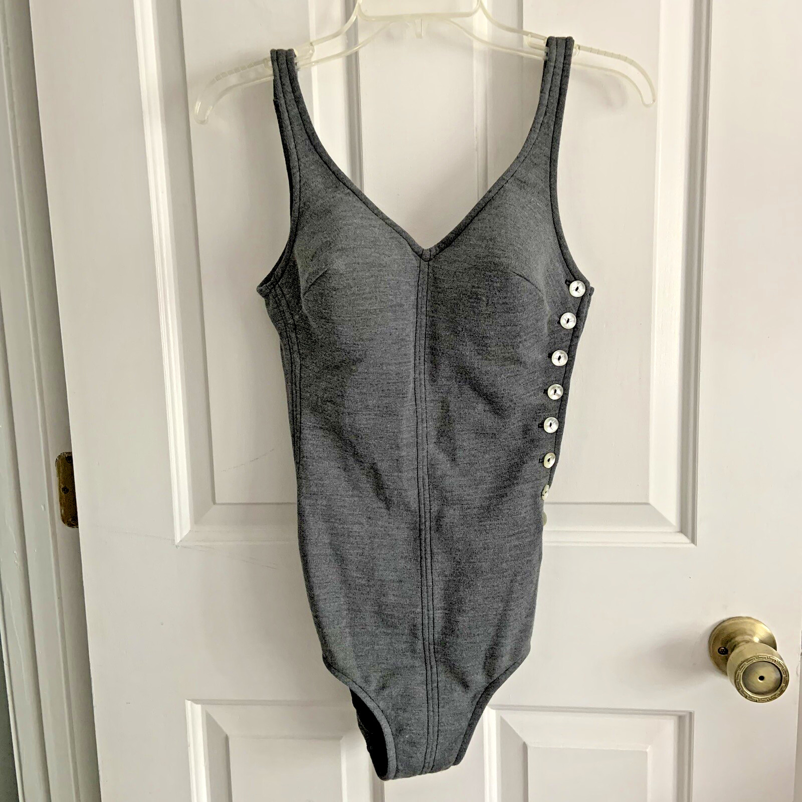 Vtg Swimsuit One Piece Gray Maidenform Dacron Wool Knit Button detail size 34B