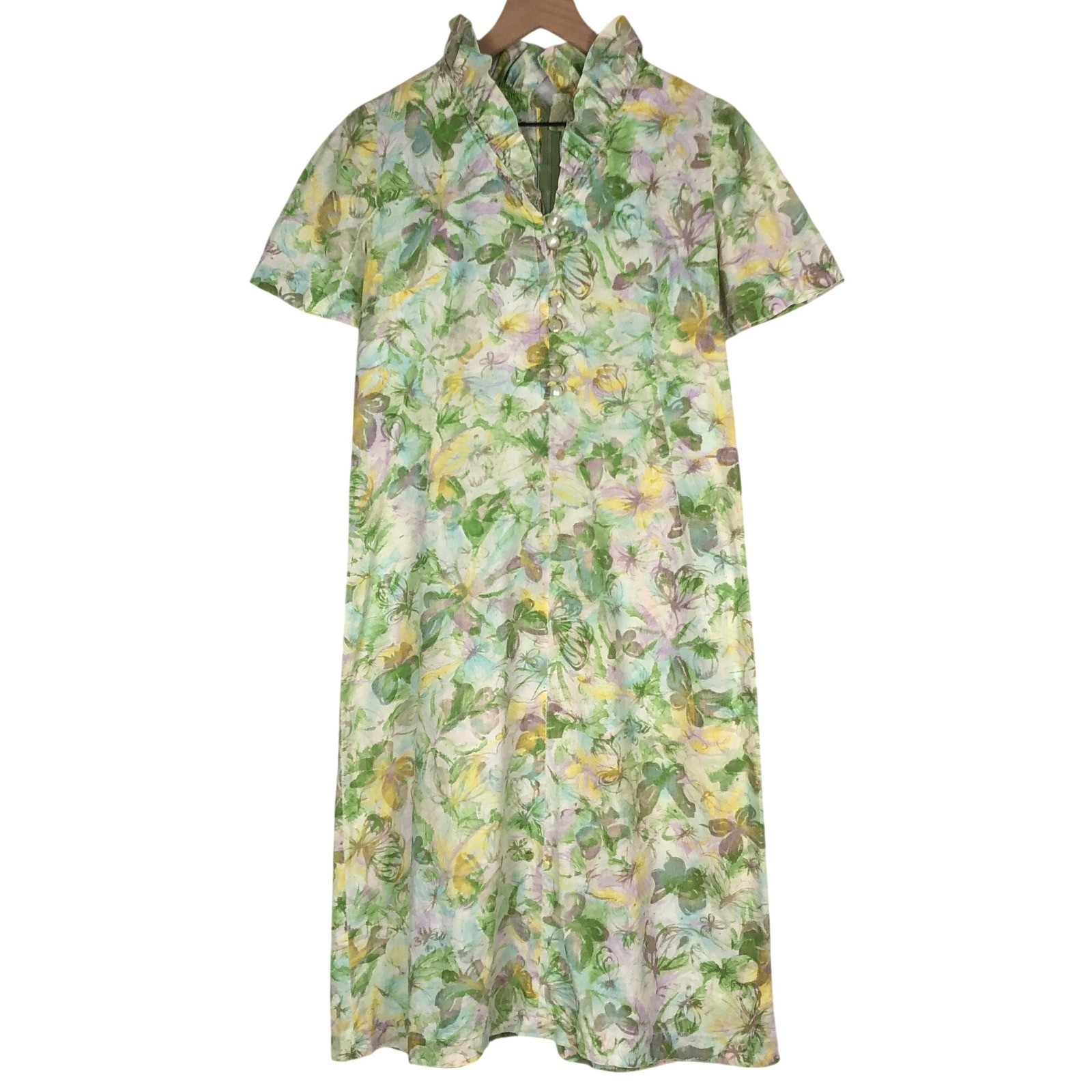 VTG Handmade Floral Butterfly Watercolor Ruffle Collar Midi Dress Sz M 10 Green