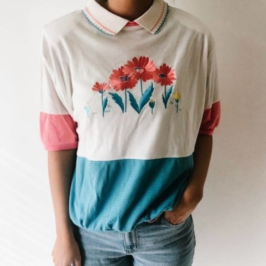 Pykettes Vintage Floral Embroidered Colorblock Polo Shirt White Pink Teal Large