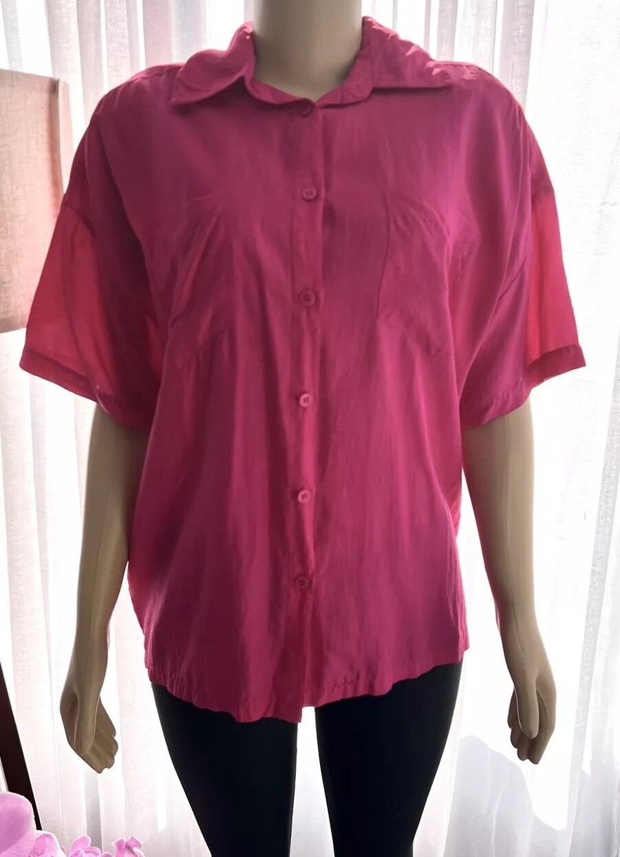 Vintage Fenn Wright & Mason Fuchsia Pink Silk Button Up Blouse Size M Medium