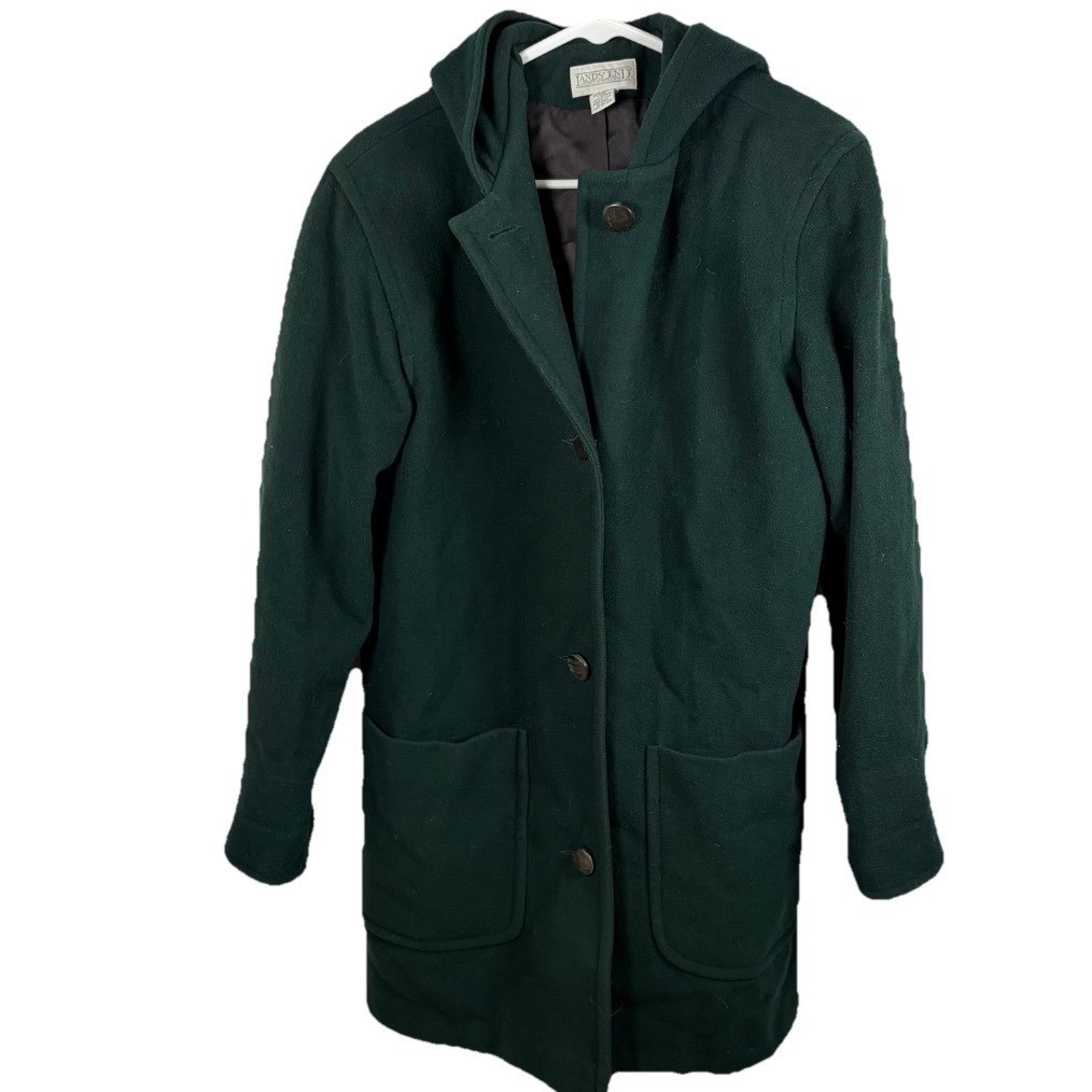 Vintage Lands End Wool Hooded Car Coat Sz 6 Forest Green 80s 90s USA Heritage