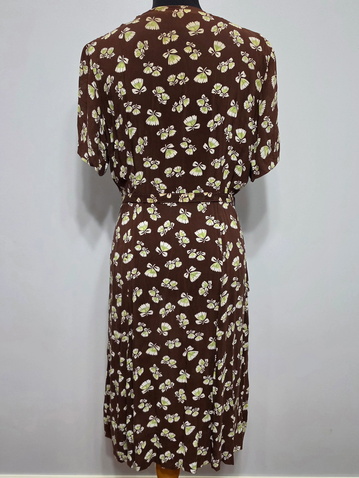 Vintage 1930s 1940s Brown Peplum Dress Flower Print Tulip Novelty (34″ waist)
