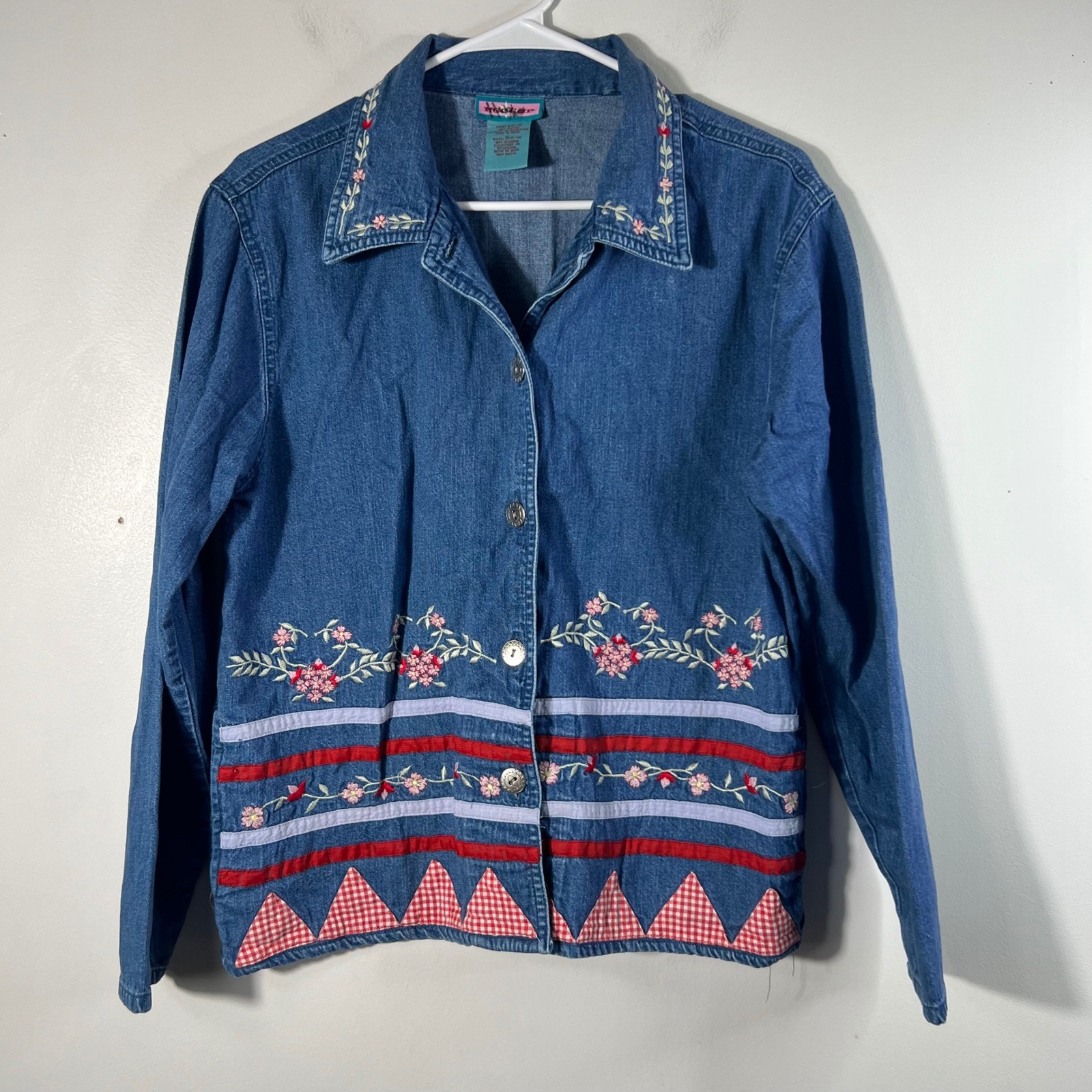 Womens Vintage Nectar Floral Embroidered Denim Button Jacket Cotton L Blue
