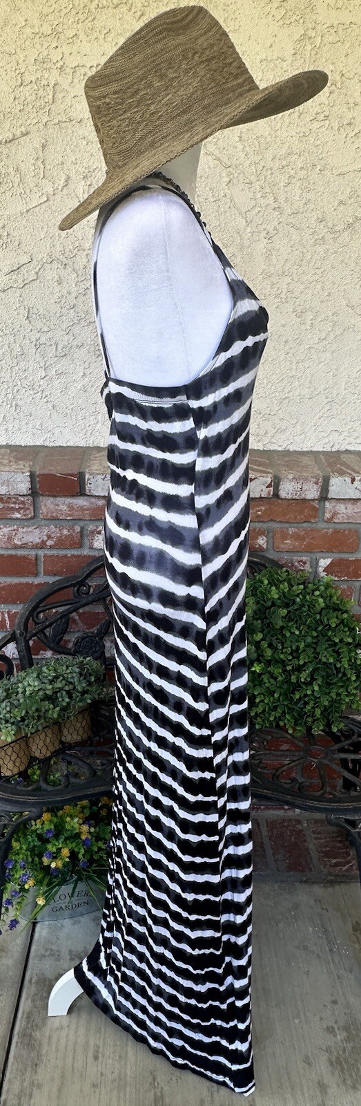 Vintage Alloy Apparel Tie Dye Maxi Dress; Black/Off White Stripe W/Spag Straps