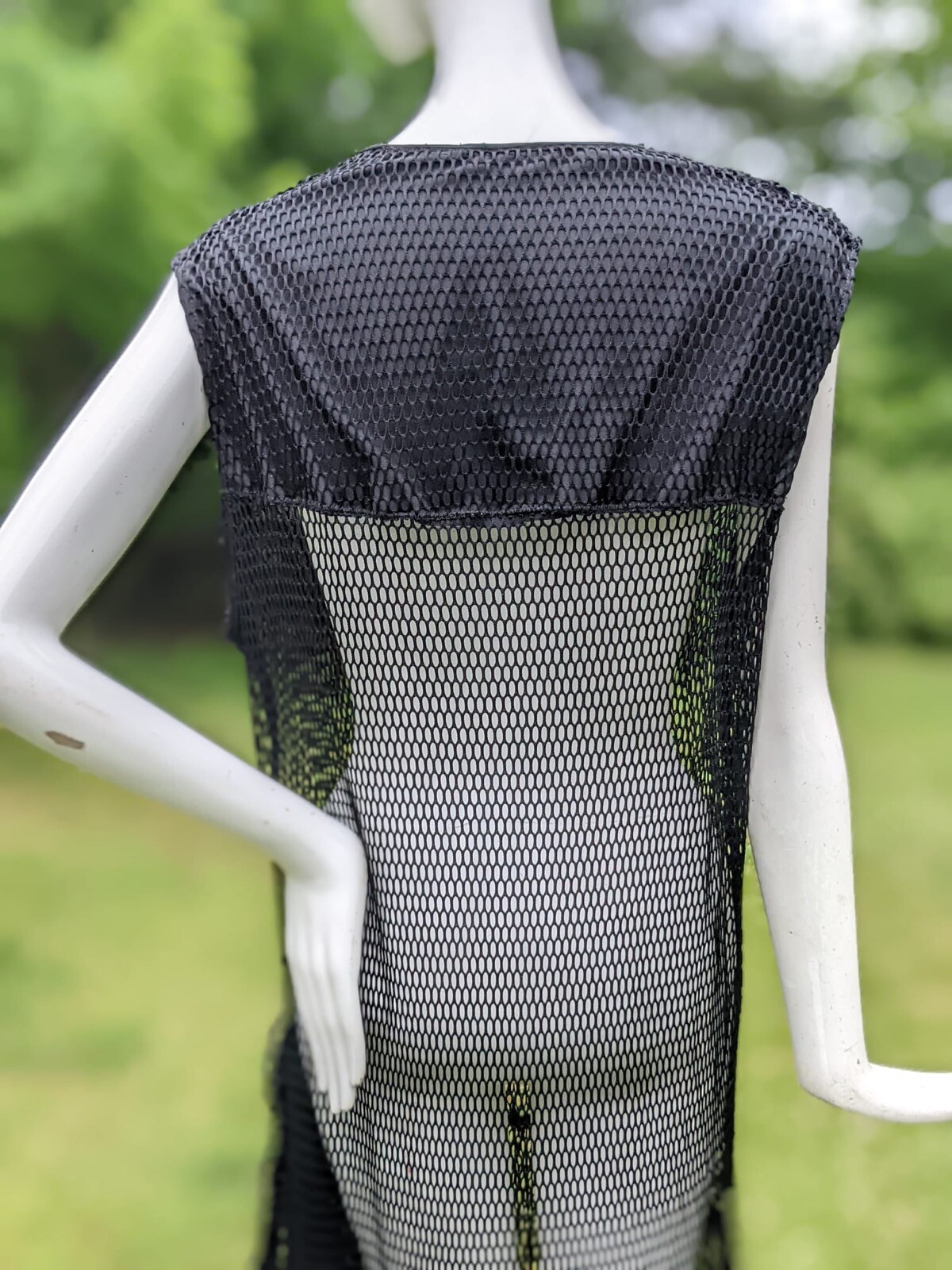 ALLURING FLAPPER 1920’S BLACK FISHNET DRESS W DRAPE TAILS AT SIDE 