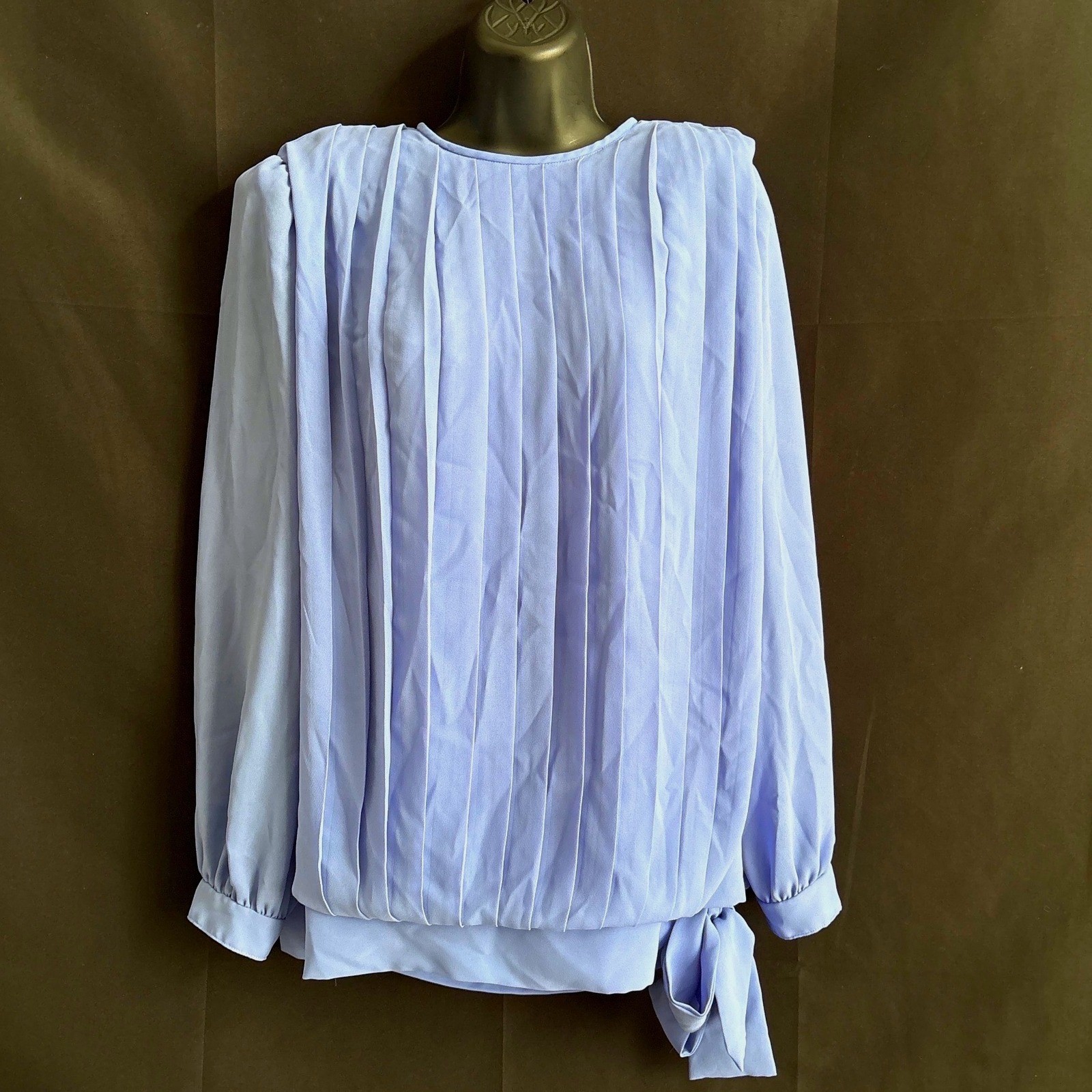 Jo Hanna York 14 VTG 80s Pleated Top Blue Tie Shoulder Pad Prairie Cottagecore