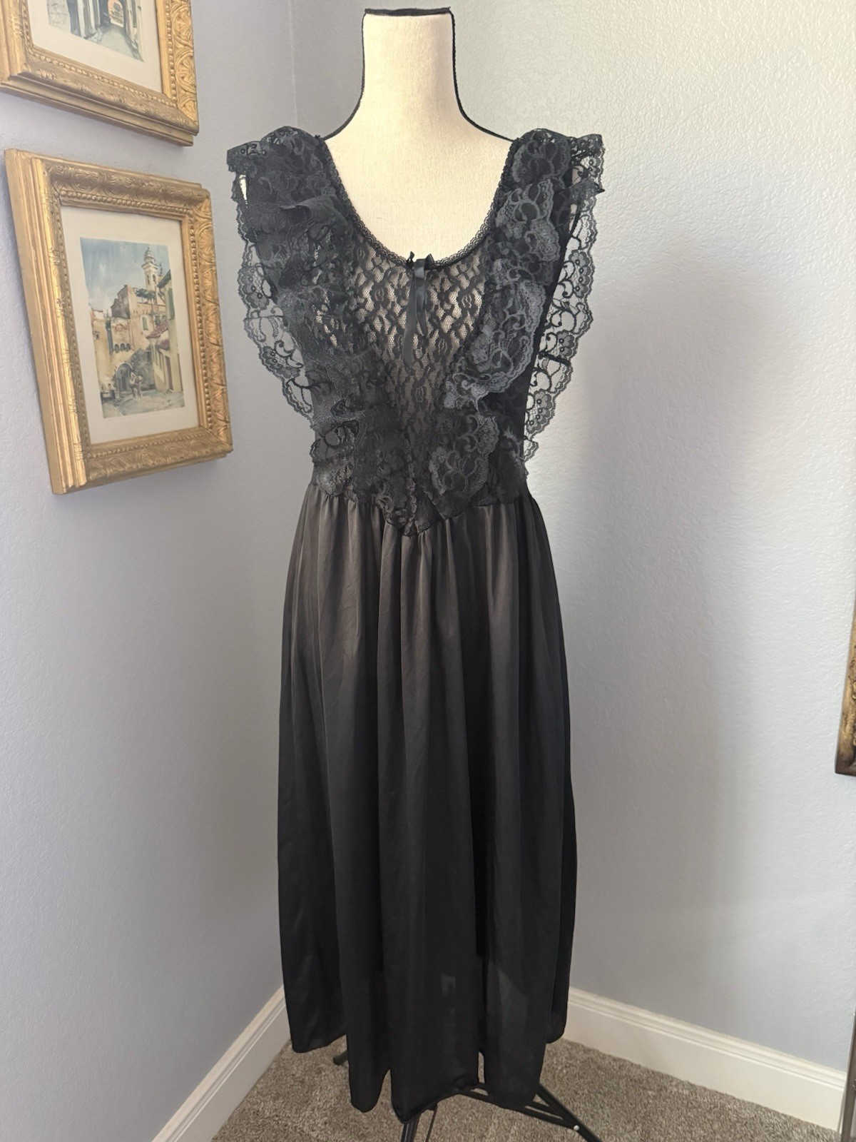 Vintage Black Nylon Slip Dress Dark Coquette Babydoll Lace Festival Rave Witchy