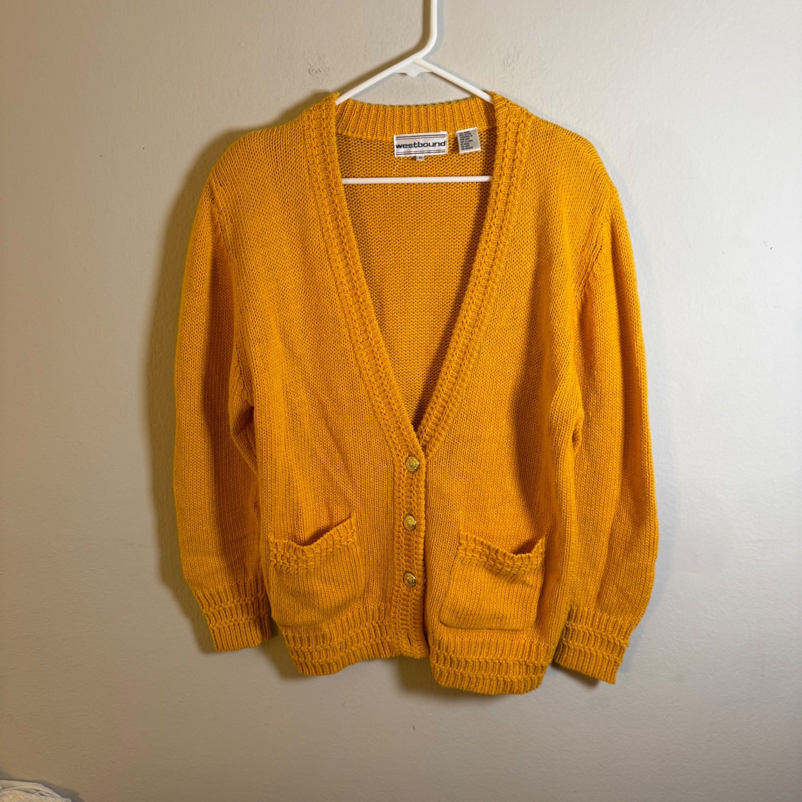 Westbound Vintage Mustard Yellow Cardigan Sweater Gold Crest Buttons Medium