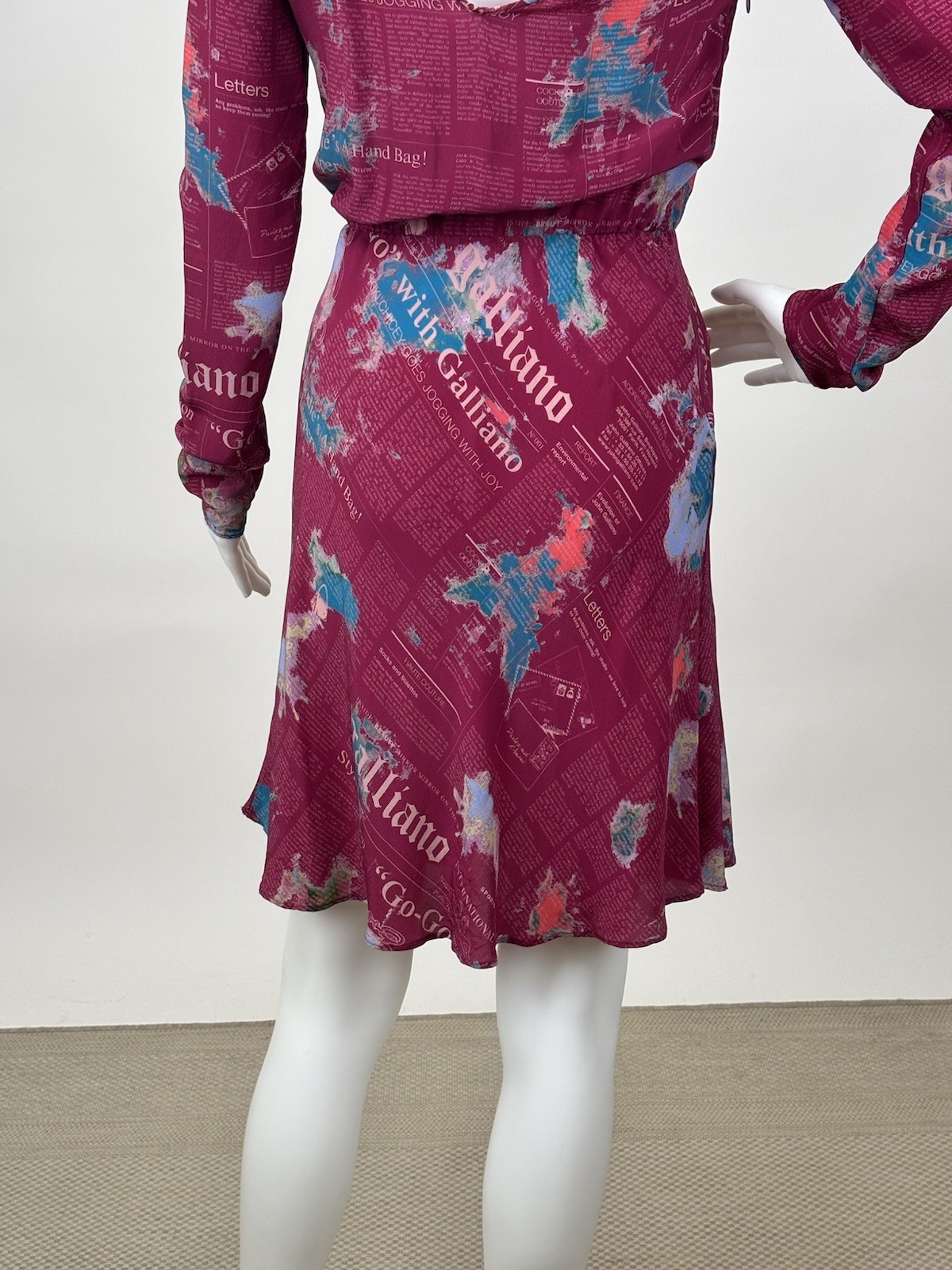 Vintage Rare Galliano Pink and Blue Newsprint Long sleeve Dress Sheer 100% Silk