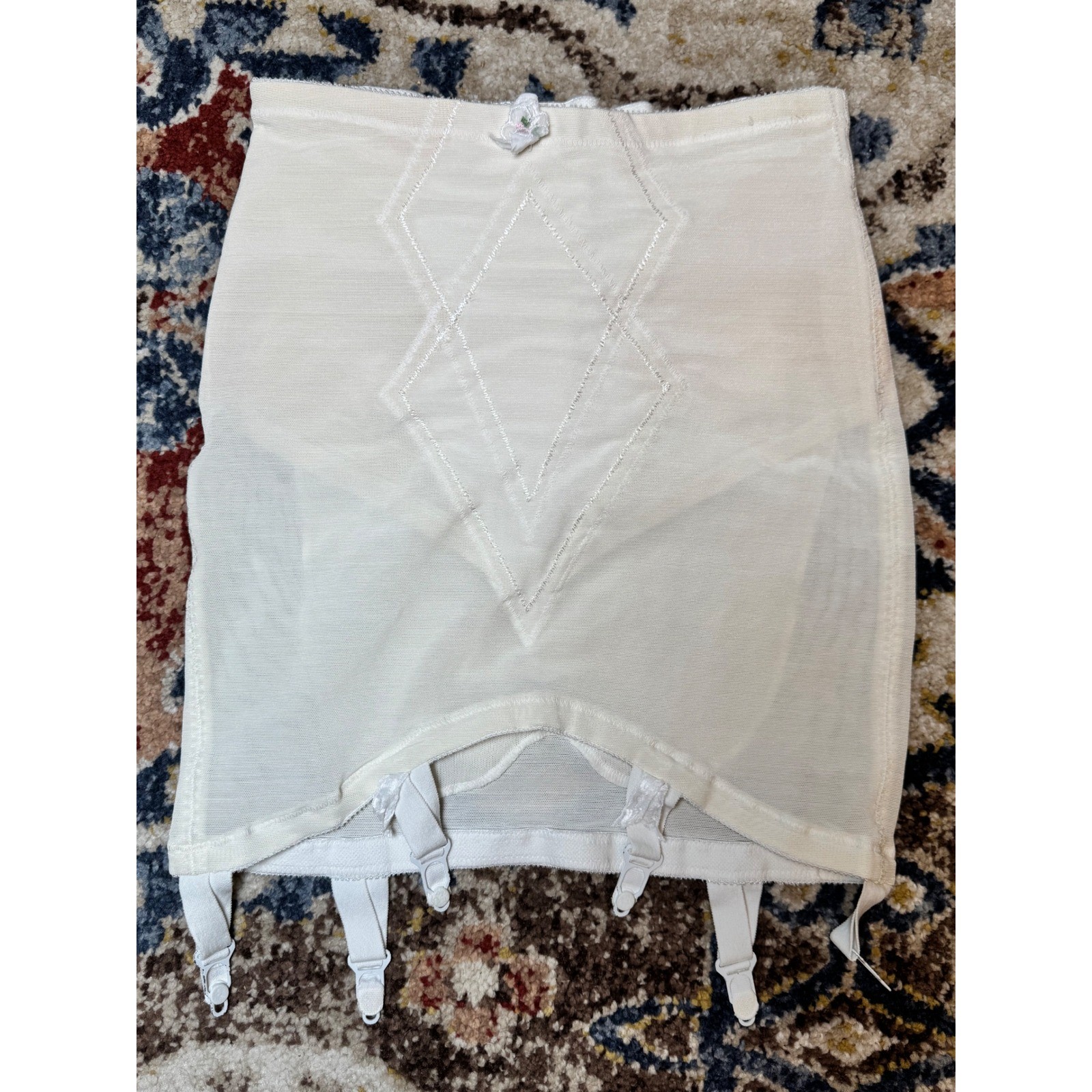 Vintage High Waisted Girdle Set Cream Diamond Stitch Garter Clips Large 29/30