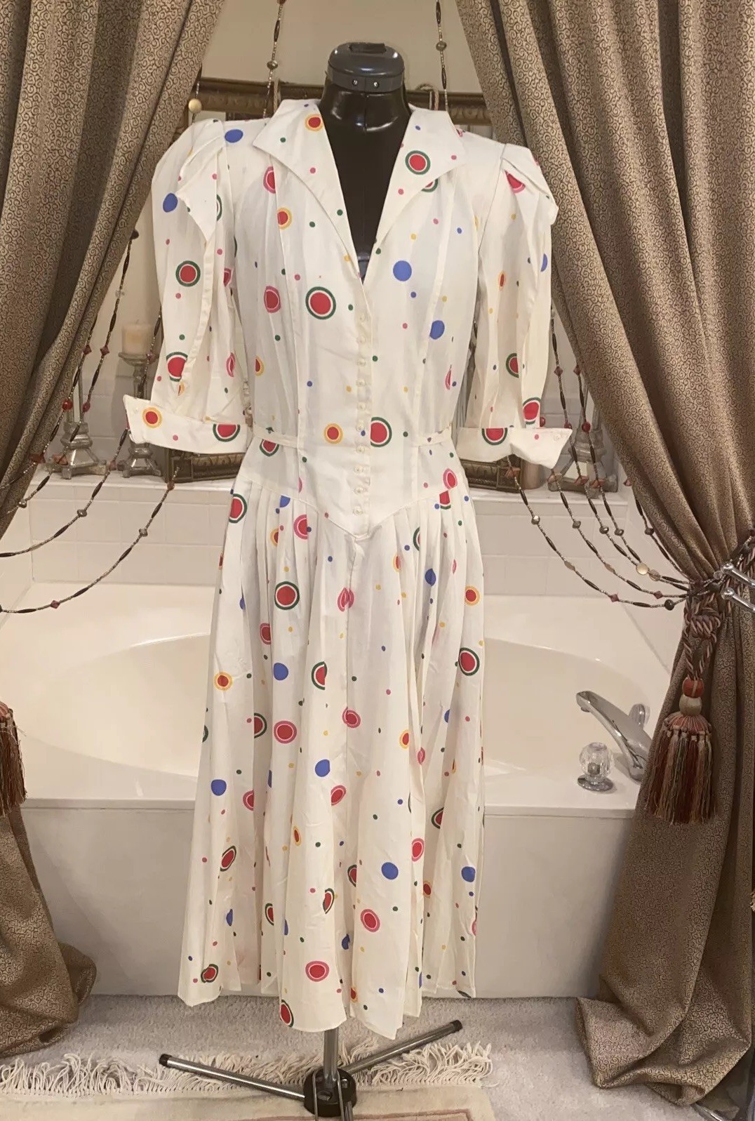VTG 80’s Clues Collections Polka Dot Puff Sleeve Midi SWING Dress I Love Lucy