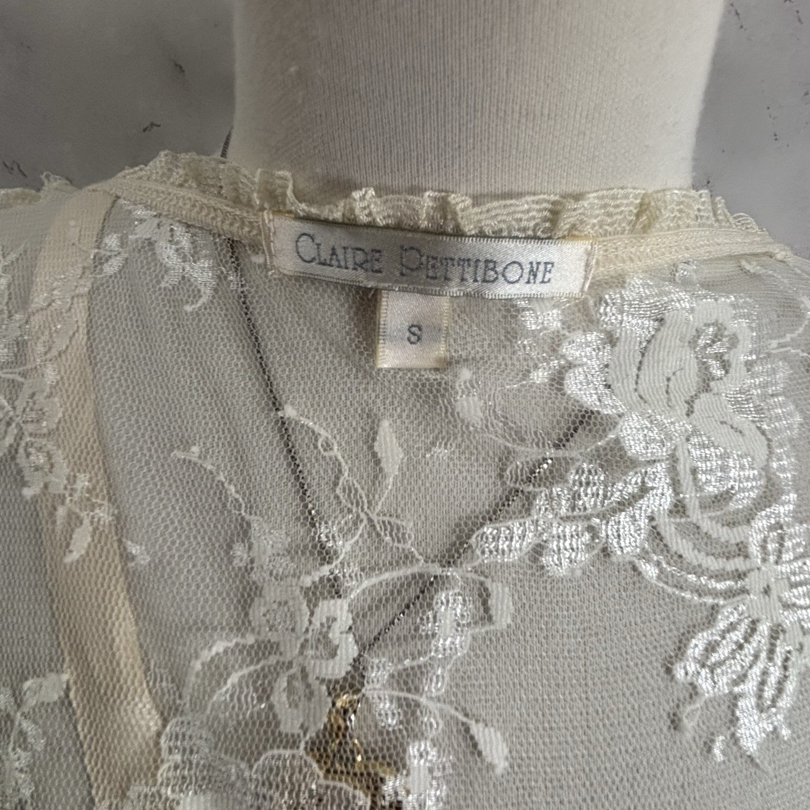 Vtg 90s CLAIRE PETTIBONE Babydoll Sheer Lace Silk Nightgown Robe Dress S Bride