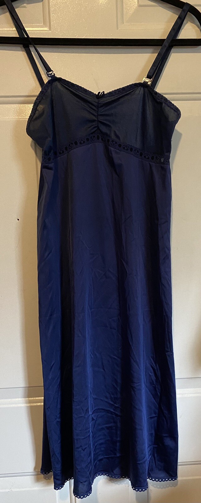 Vintage Vanity Fair Dark Blue Slip Dress Size 32L Lace Trim Nightwear Adjustable