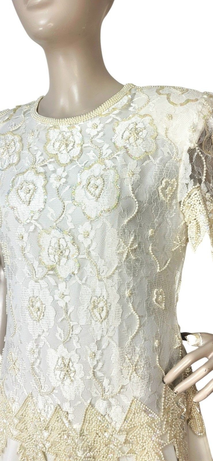 Vintage Laurance Kazar Creme Pearl Beaded Sequined Tiered Chiffon Formal Dress