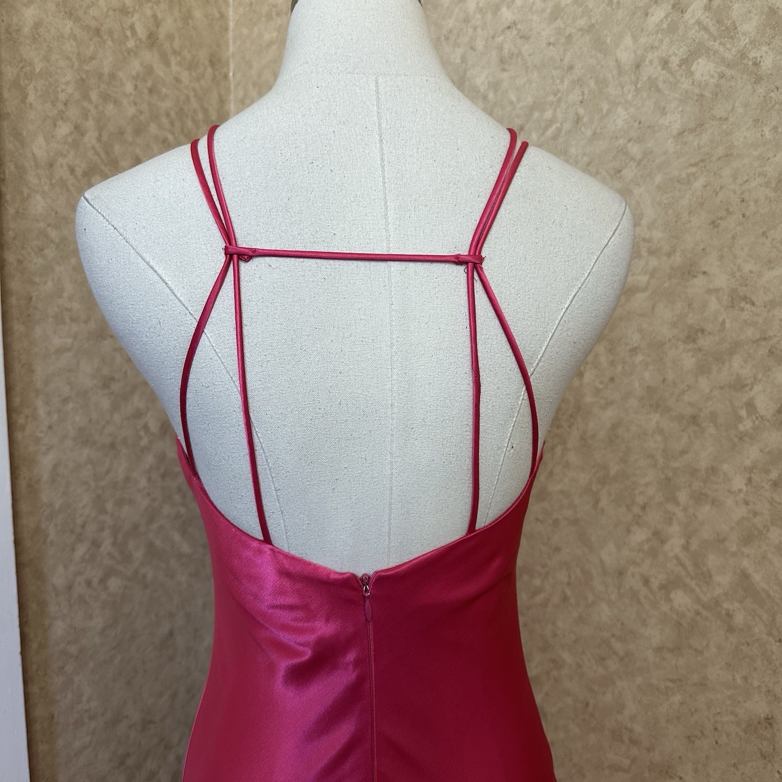 VTG 90s Hot Pink Satin High Neck Low Back Formal Slip Prom Dress