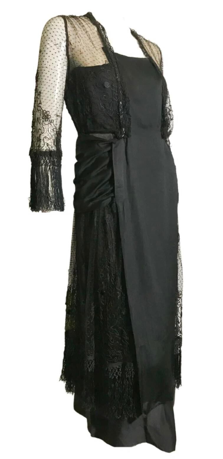 Antique 1910s Fringe and Bead Trimmed Black Silk Dress Vintage