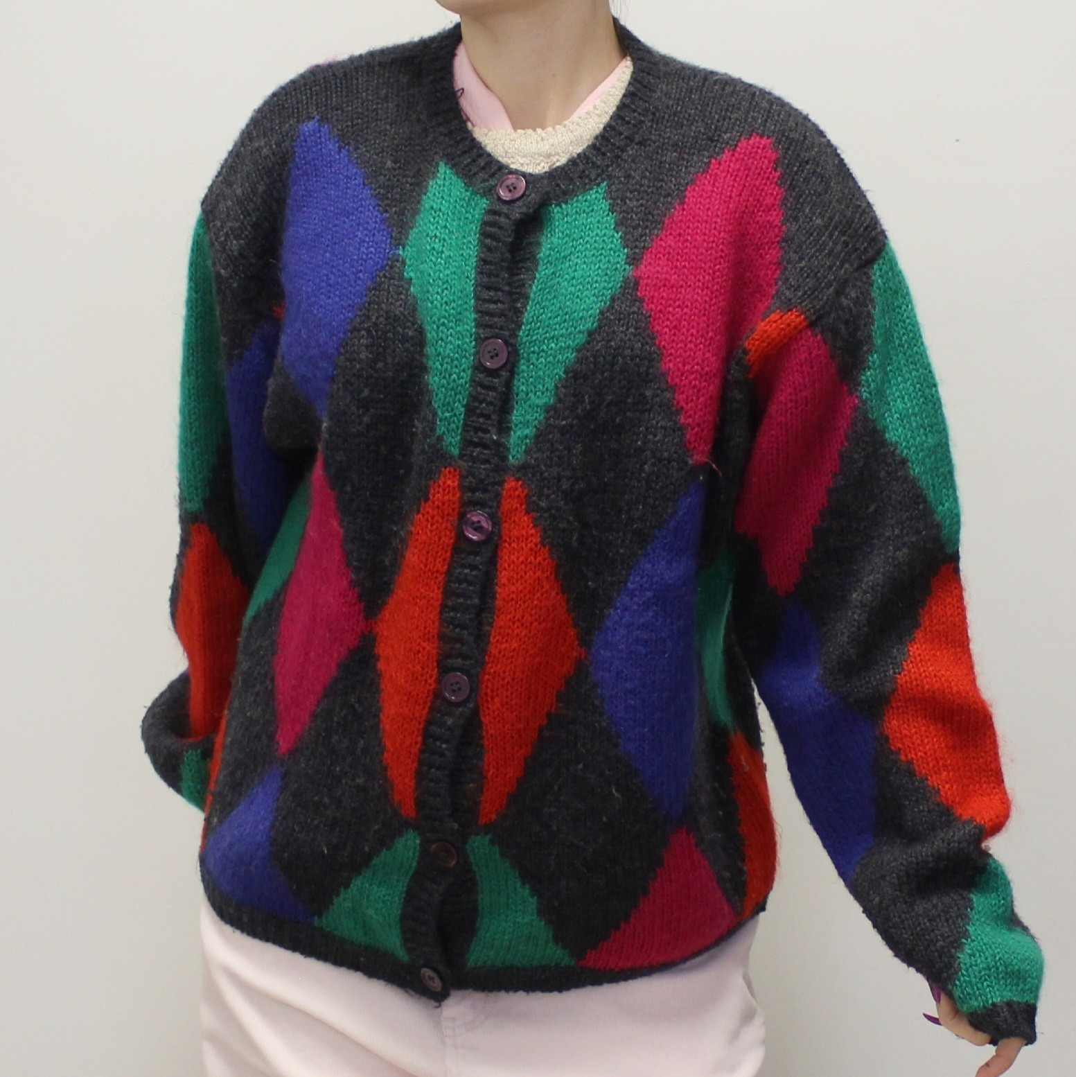 Vintage 90s Wool/Mohair/Acrylic Harlequin Jester Print Cardigan by Cappagallo