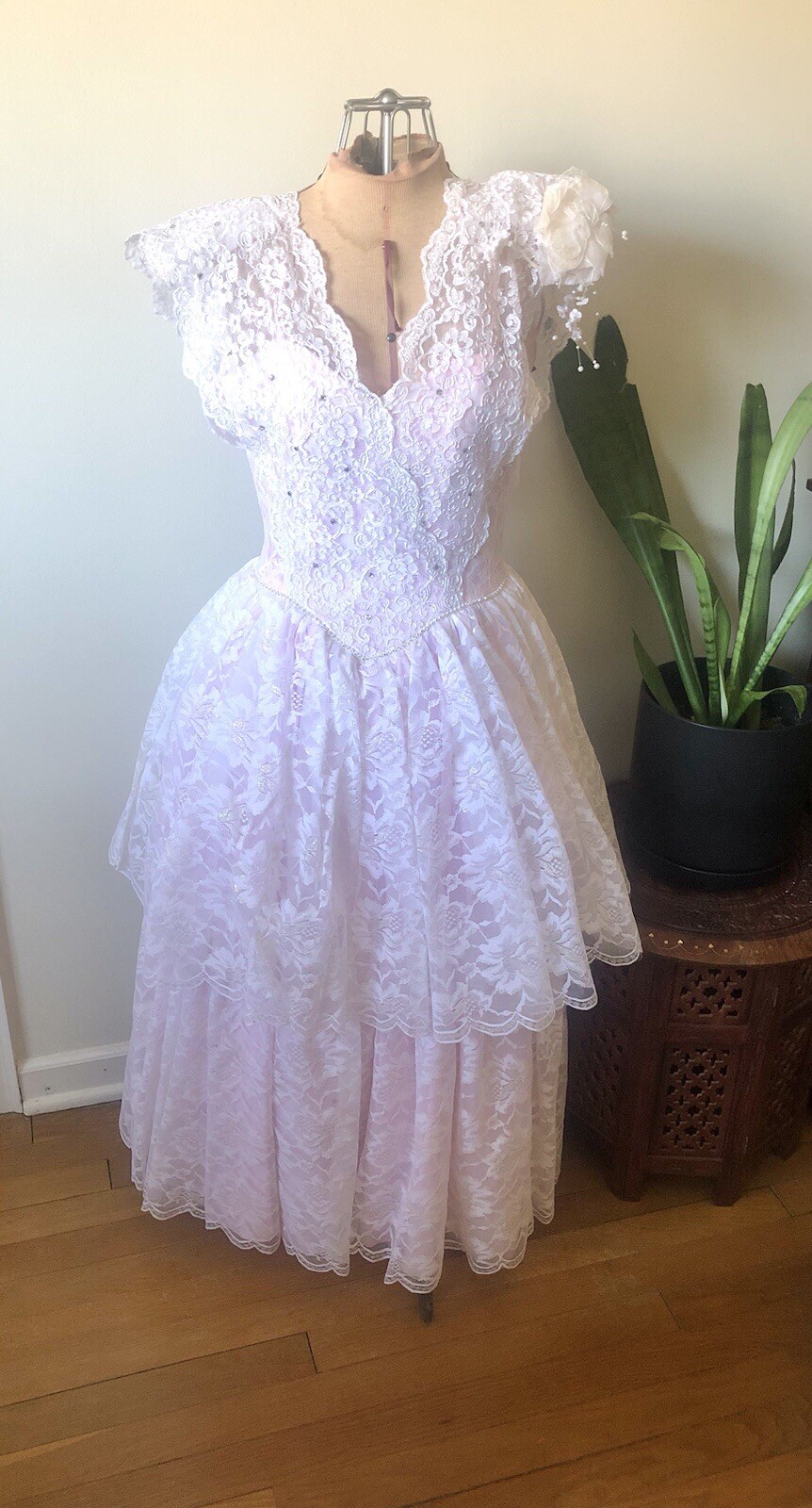 80’s Pink & White Lace Dress, XS
