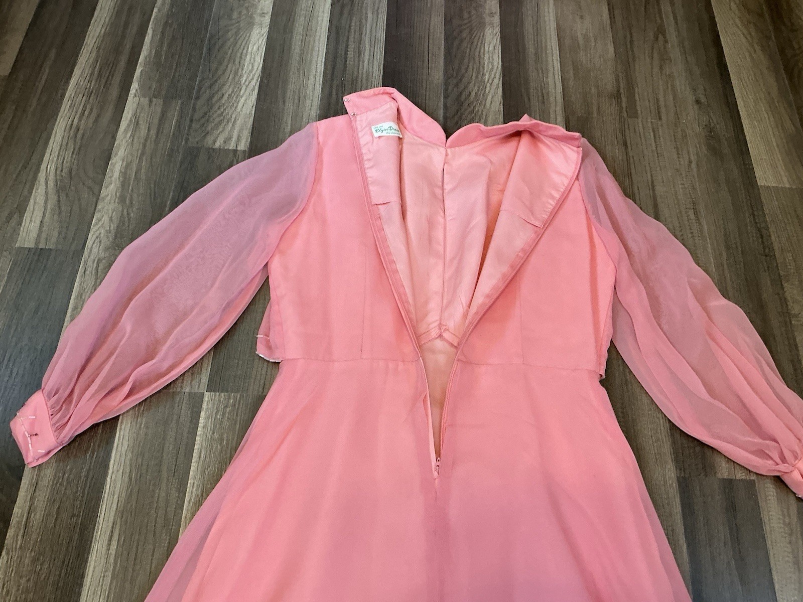 VTG 70’s Elgin Maxi Gown Dress Pink Chiffon Beadwork 5 Victorian Regencycore USA