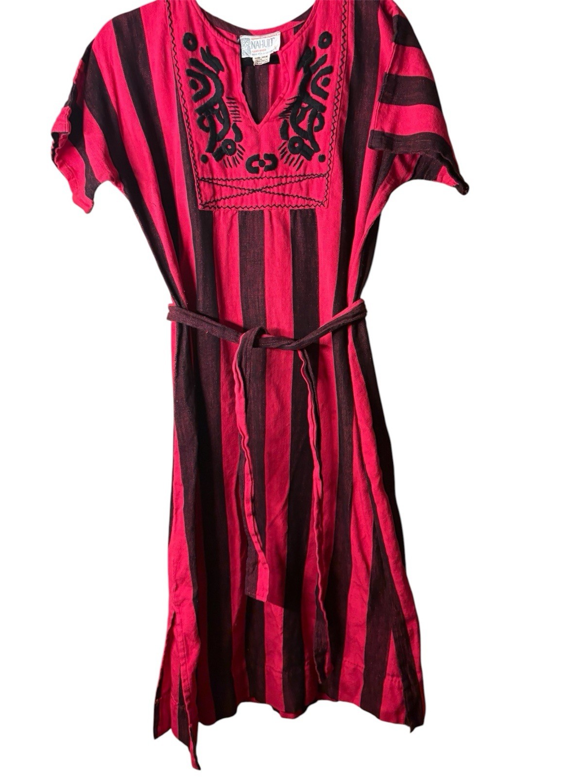 Vtg 70s Hippie Folk Art Embroidered Caftan Midi Festival Boho Dress Sz M/L Red