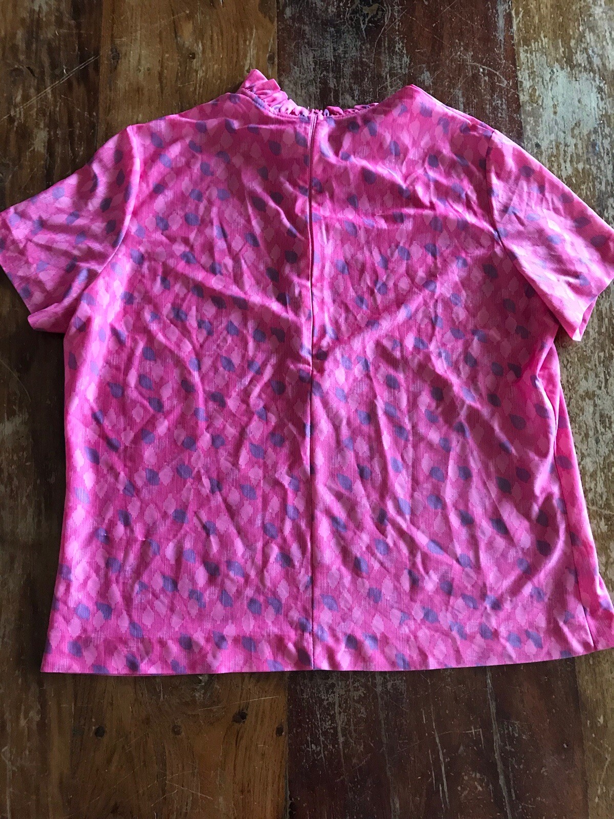 Vtg 70s pink periwinkle secretary blouse ruffle collar bow tie bright office