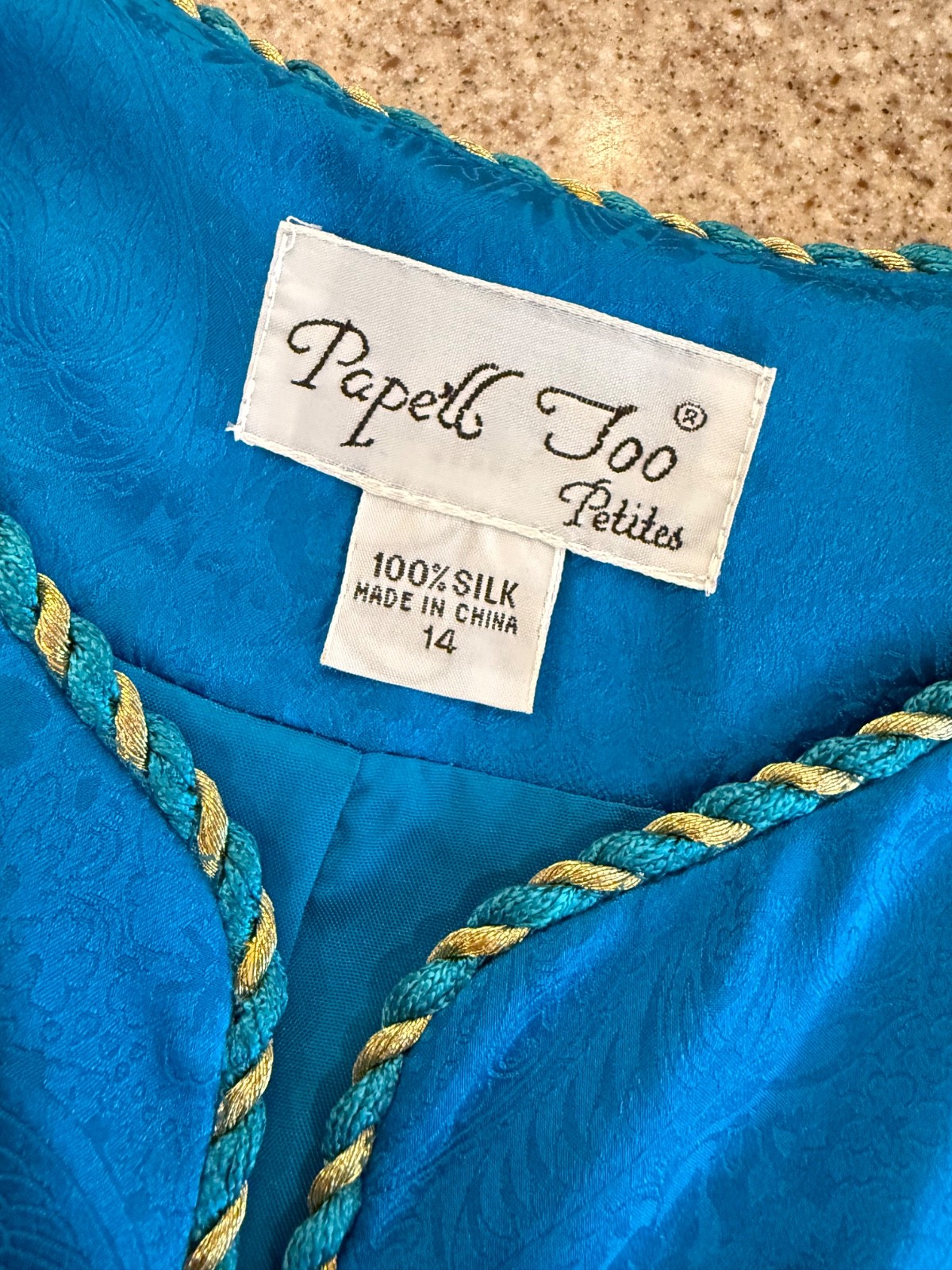 Vtg ADRIANNA PAPELL TOO Jewel Tone Blue 100% Silk Gold Braid Trim Jacket 14P