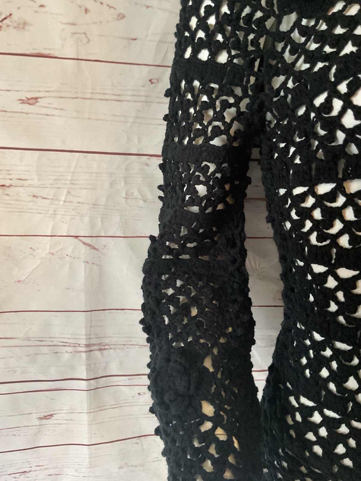 1970s True Vintage Leroy Califorina Black Hippie Crochet Top Bell Sleeve S