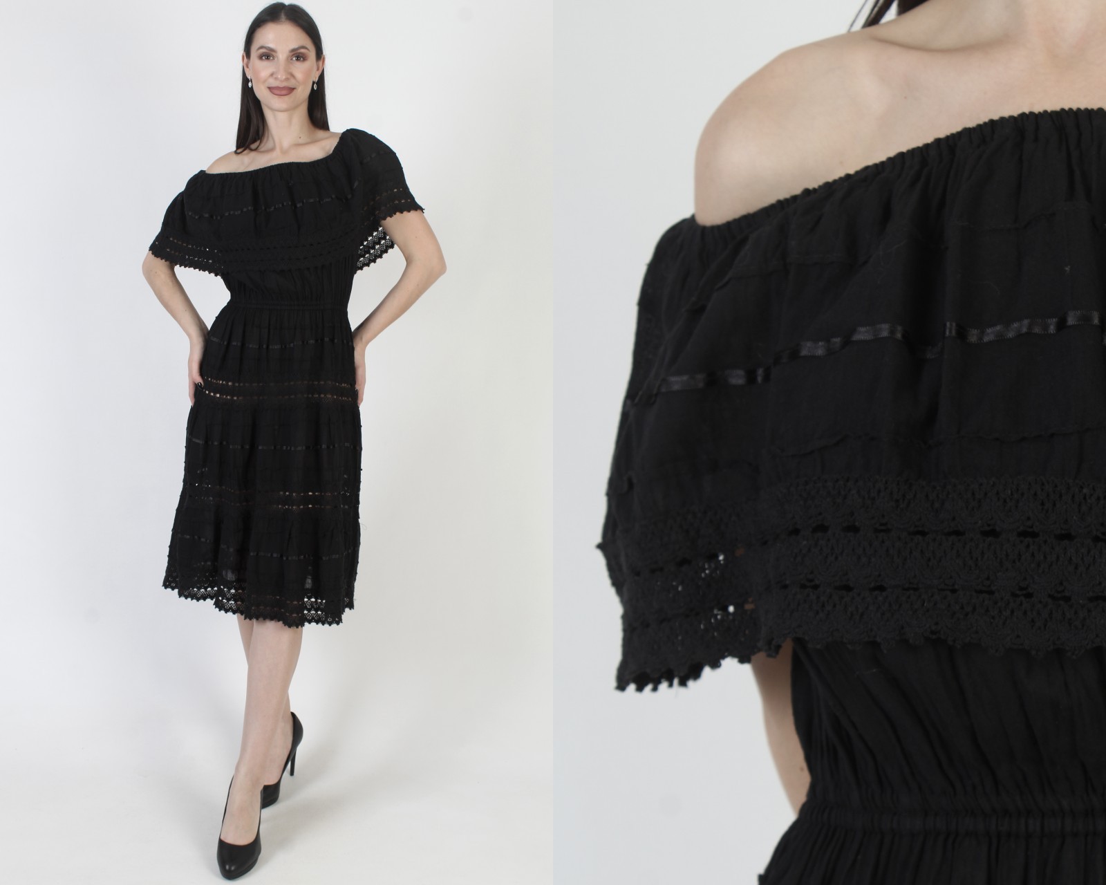 Vtg Black Cotton Mexican Dress Off The Shoulder Crochet Ethnic Fiesta Sundress