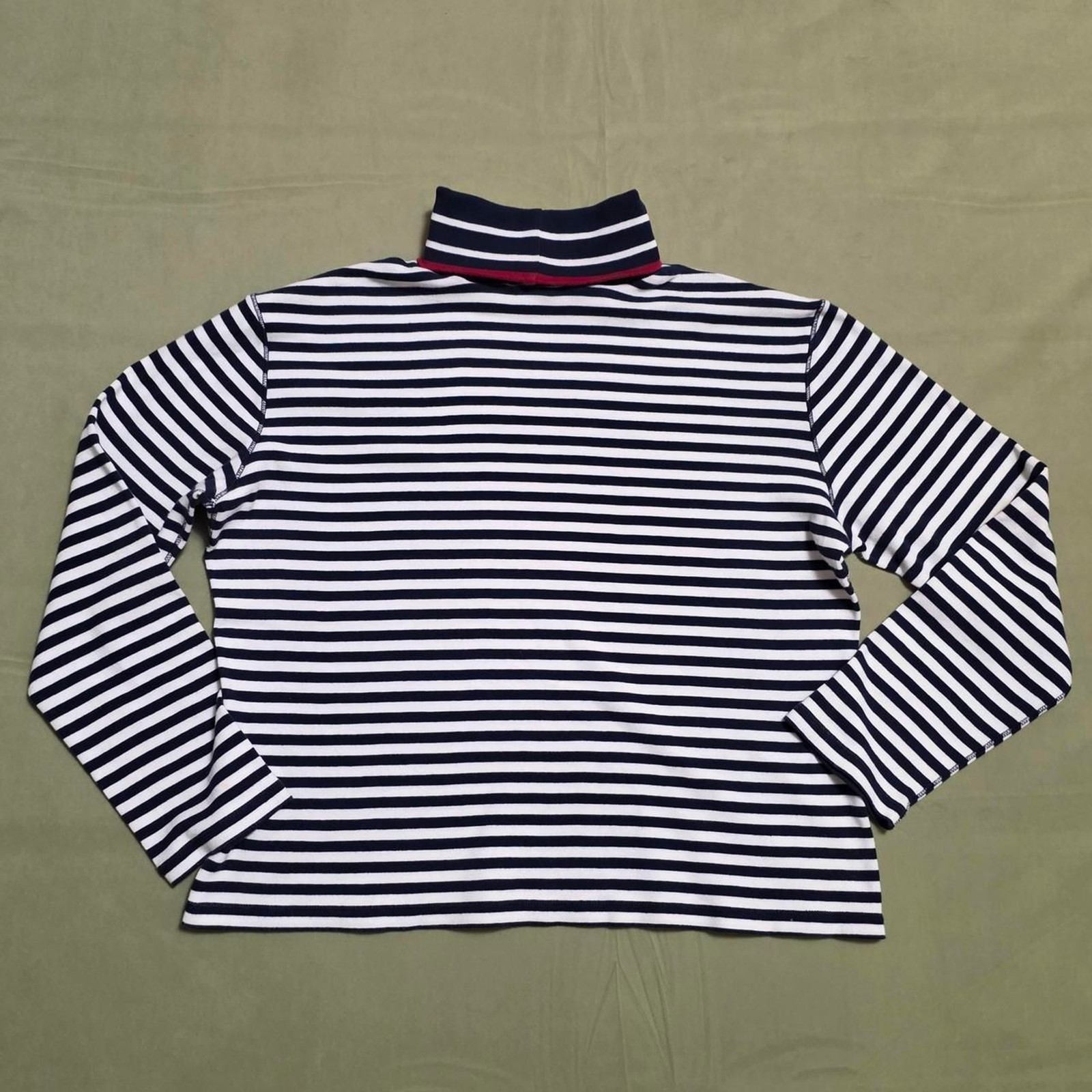 Vintage Y2K Tommy Hilfiger Striped Turtleneck Long Sleeve Top Navy White XL 2002