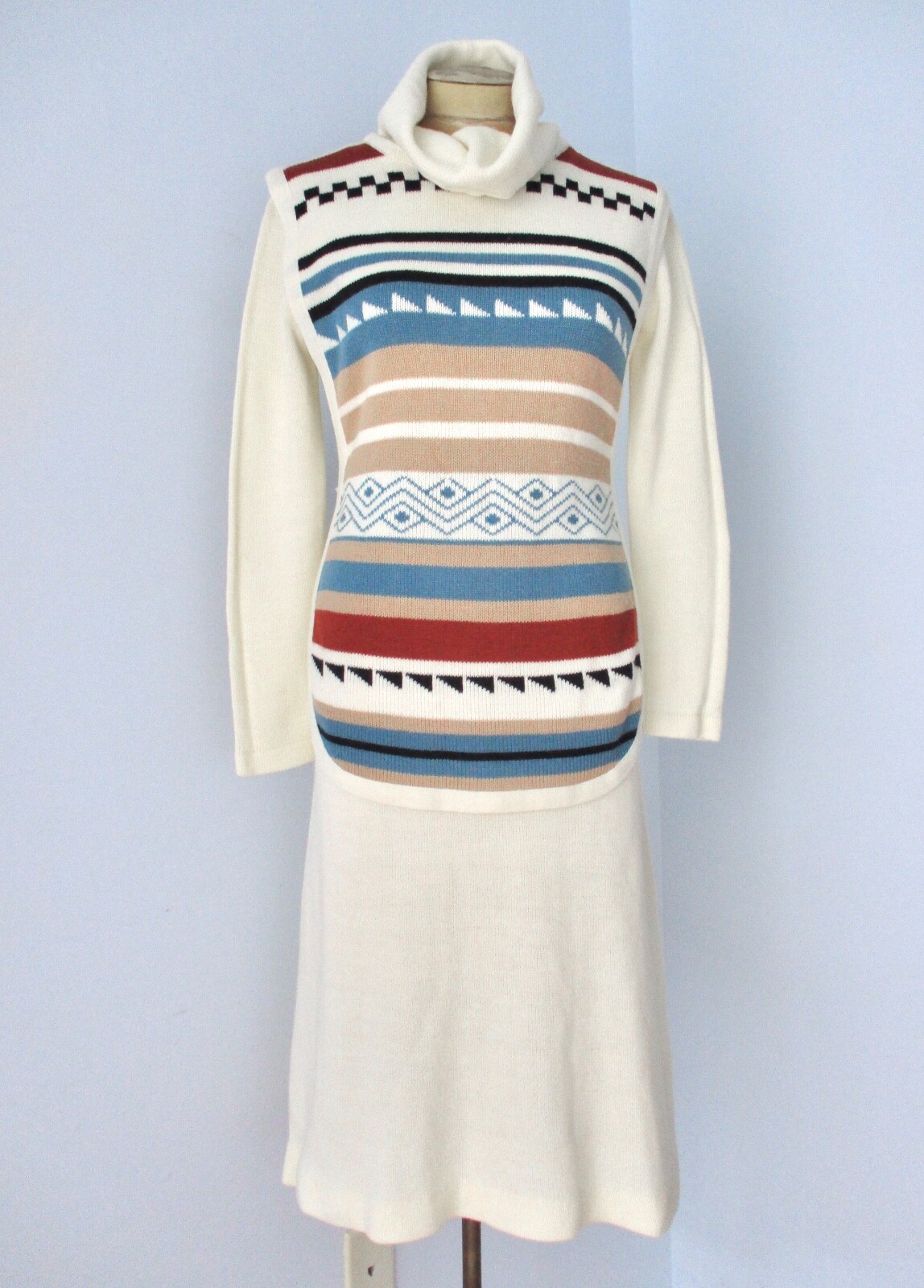 Vtg 70s Ivory 2-Pc Disco Cowl Neck Sweater Dress Blue Tribal Stripe Tunic Vest 8