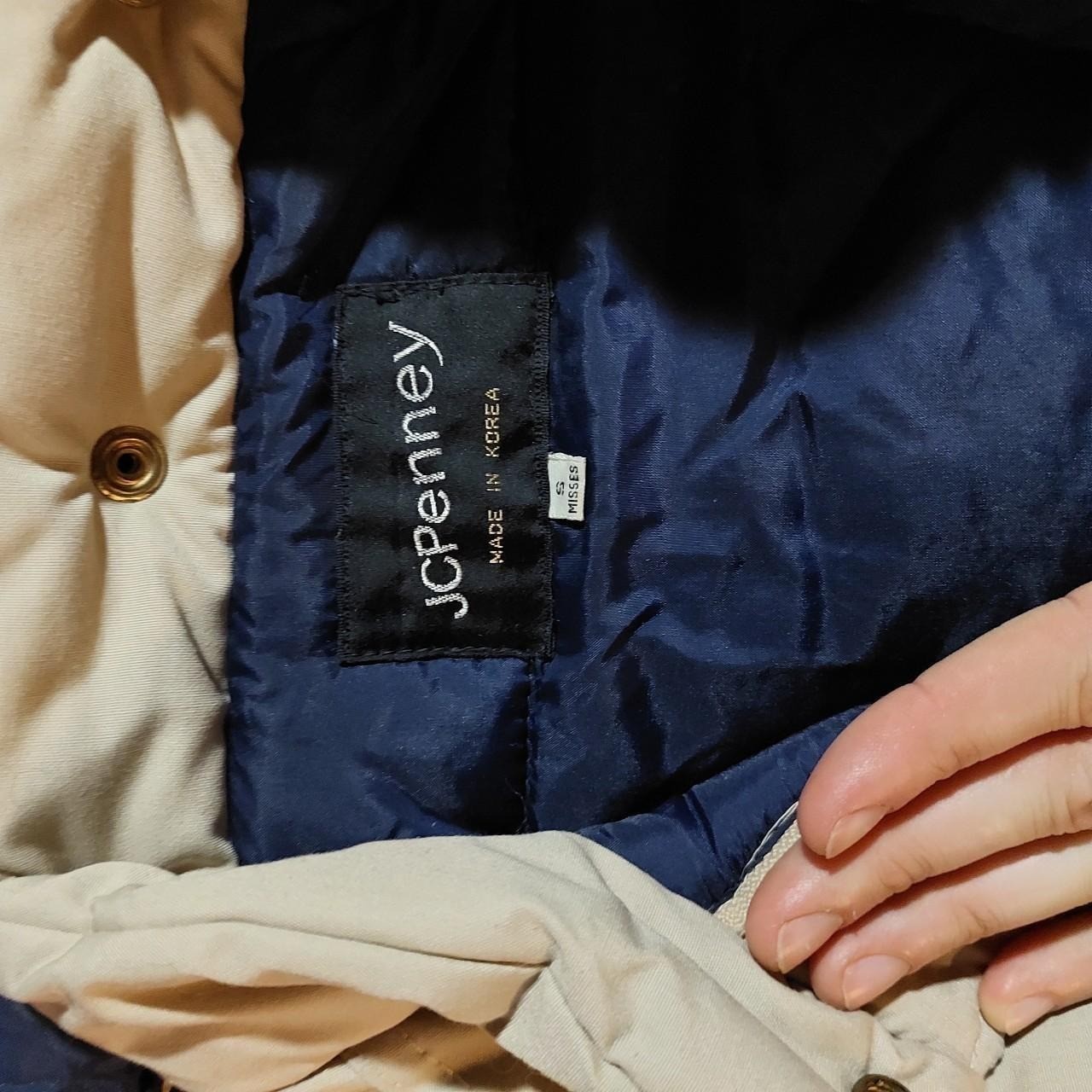 Vintage JCPenny tan and navy puffer with double zipper and removeable hood.