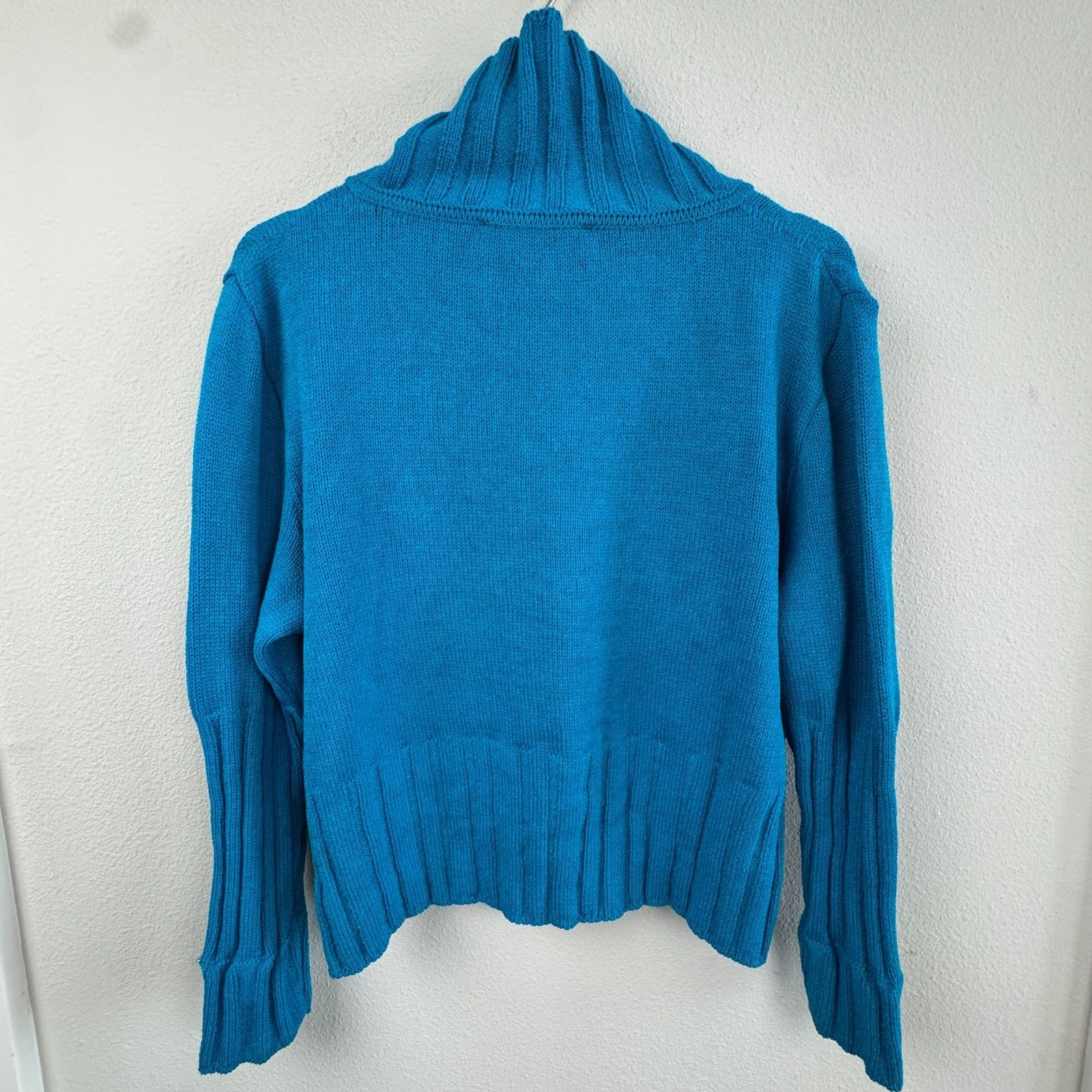 Vintage St. John Santana Knit Sweater Sz M Teal Cowl Neck Cropped Ribbed 2001