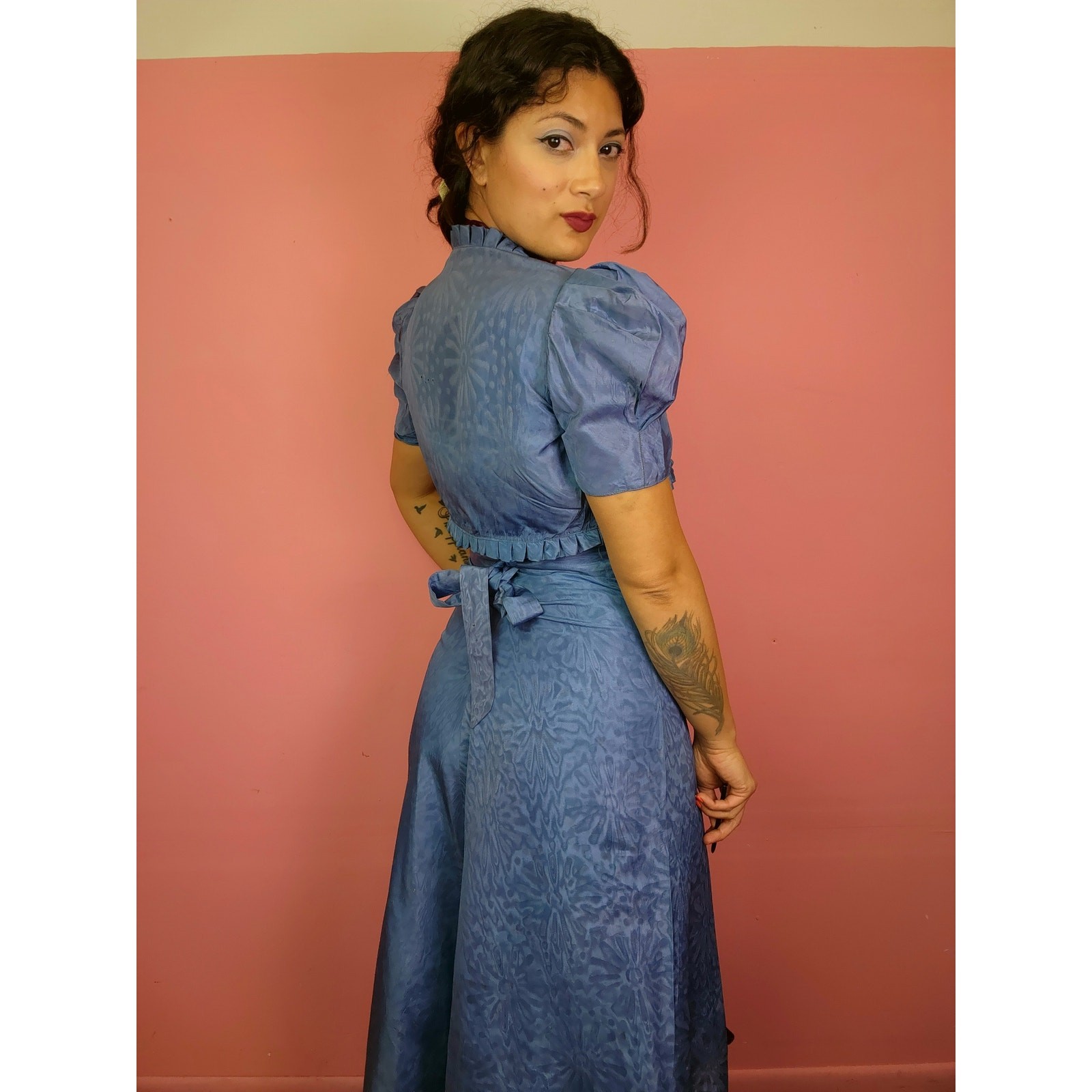Antique 1930’s Moiré Satin Gown and Bolero Cornflower Blue Burgundy Velvet Bows