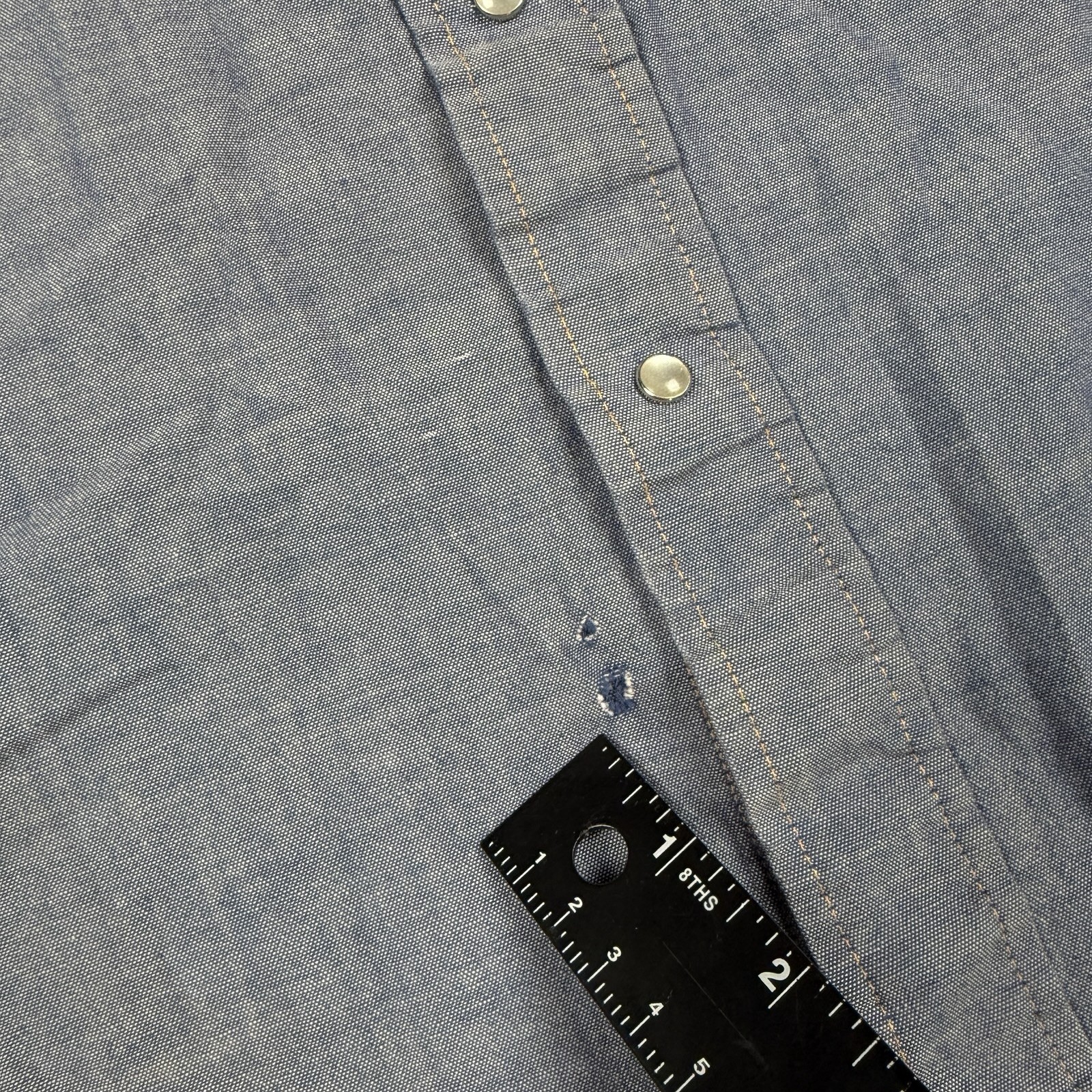 VTG 70s Sears Western Wear Pearl Snap Shirt Womens M Blue Chambray Embroidered
