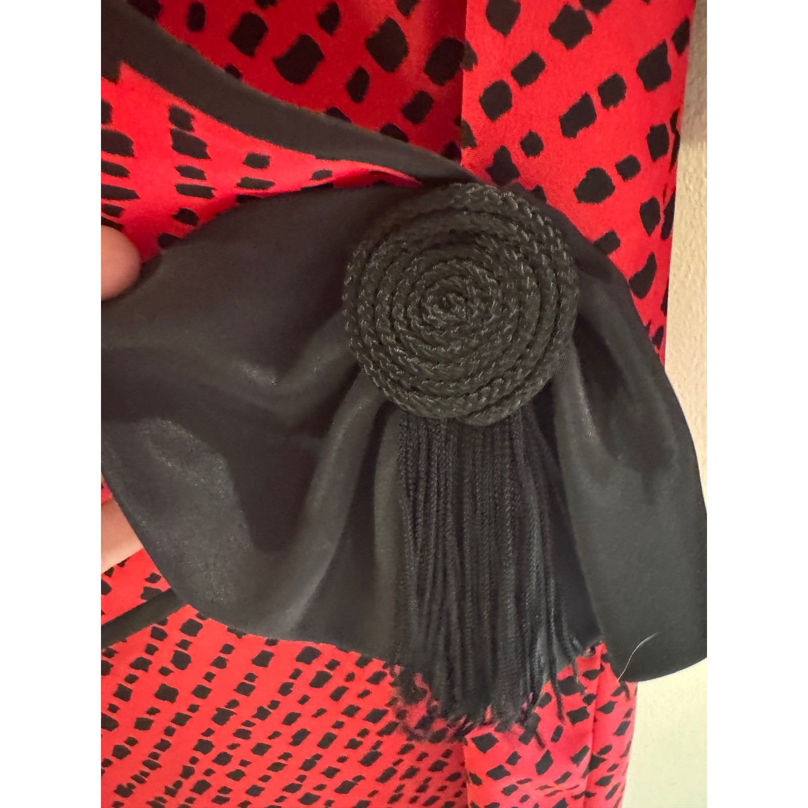 Henry Lee Vintage 80s Red Black Geometric Faux Wrap Dress Rosette Tassel Sz 12
