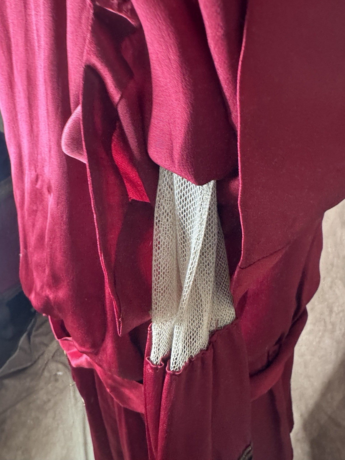 Antique 1910s 1920s Red Satin Dress Embroidered Trim Enamel Buckles Drop Waist