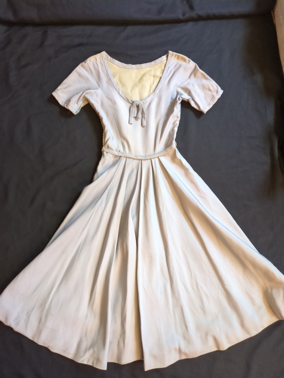 Vintage 50s 60s Handmade Tea Length Scoop Neck Short Sleeve Grey Dress