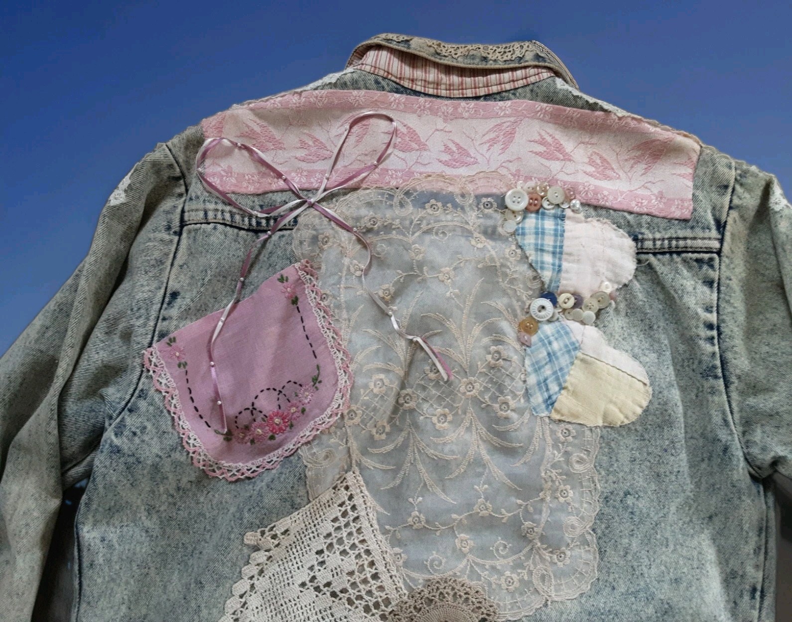 VTG Denim & Old Lace Embellished Jacket Embroidery Boho Chic Cottagecore M-L
