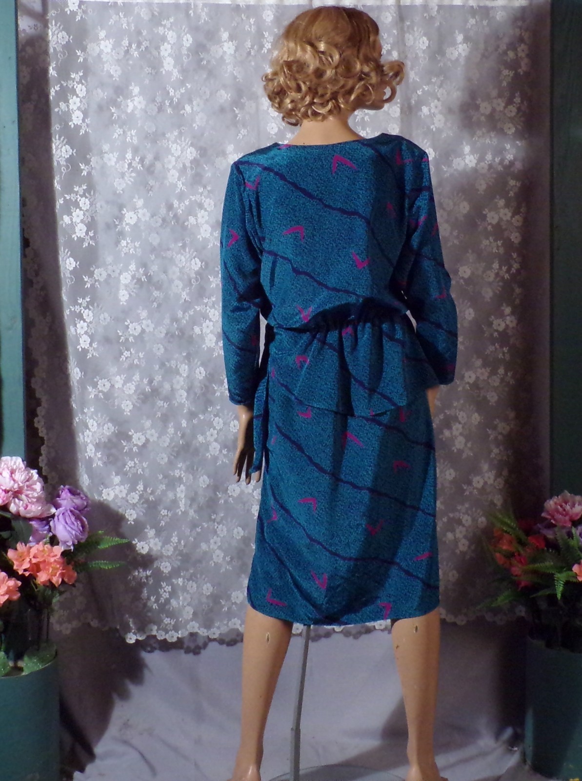 Vintage 80s Peplum Dress Size Medium 1980s Retro New Wave Secretary Turquoise