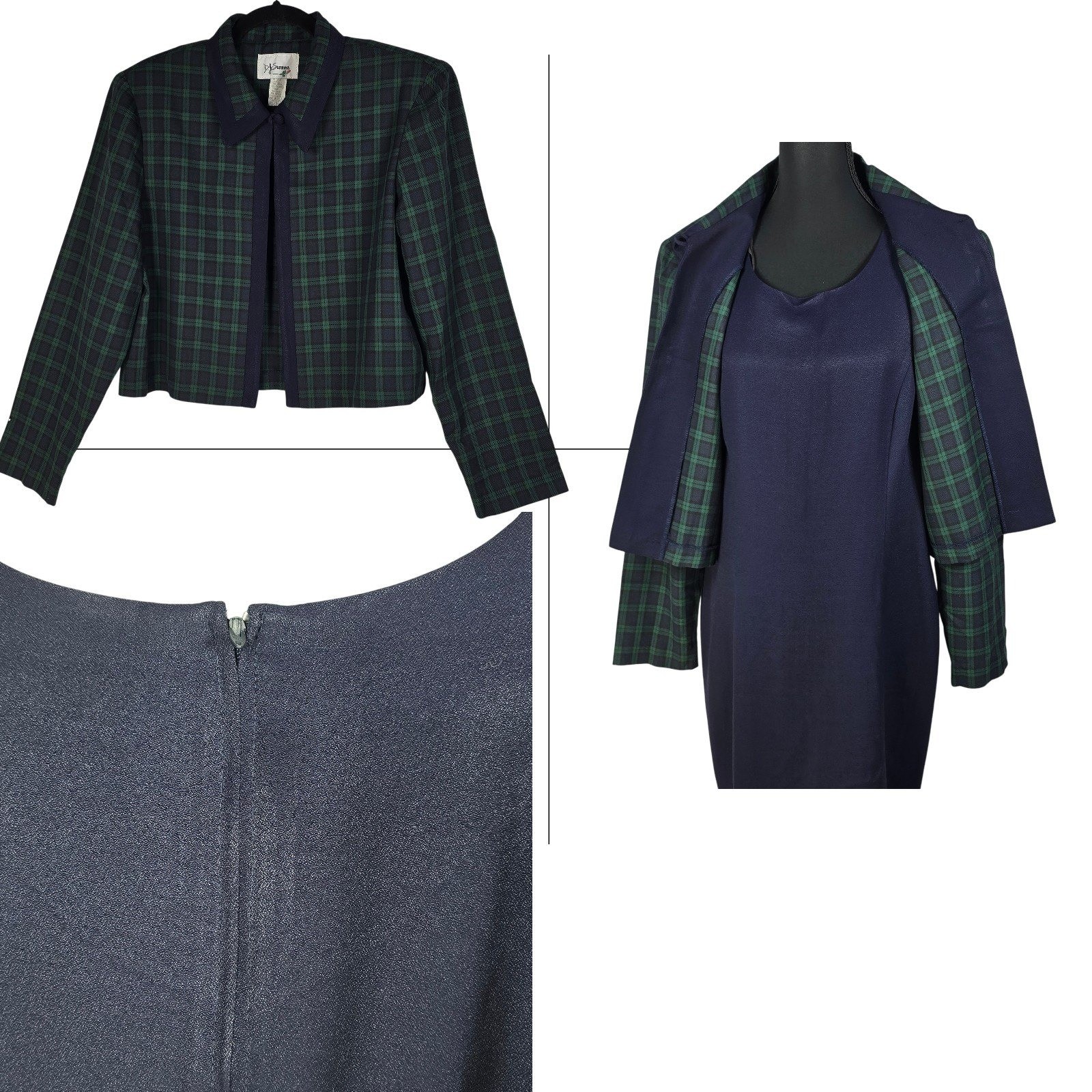 VTG D.J. Summers Womens Plaid Blazer and Navy Sheath Dress 2 Piece Set Size 14