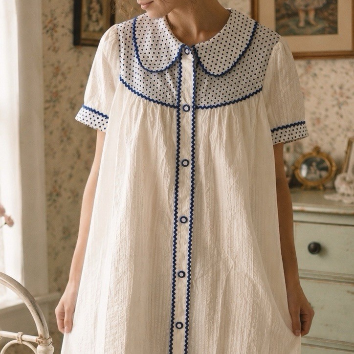 Vintage Nightgown House Dress White Blue Polka Dot Rick Rack Peter Pan Collar